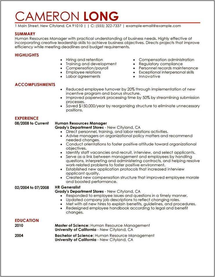 Human Resources Supervisor Resume Example