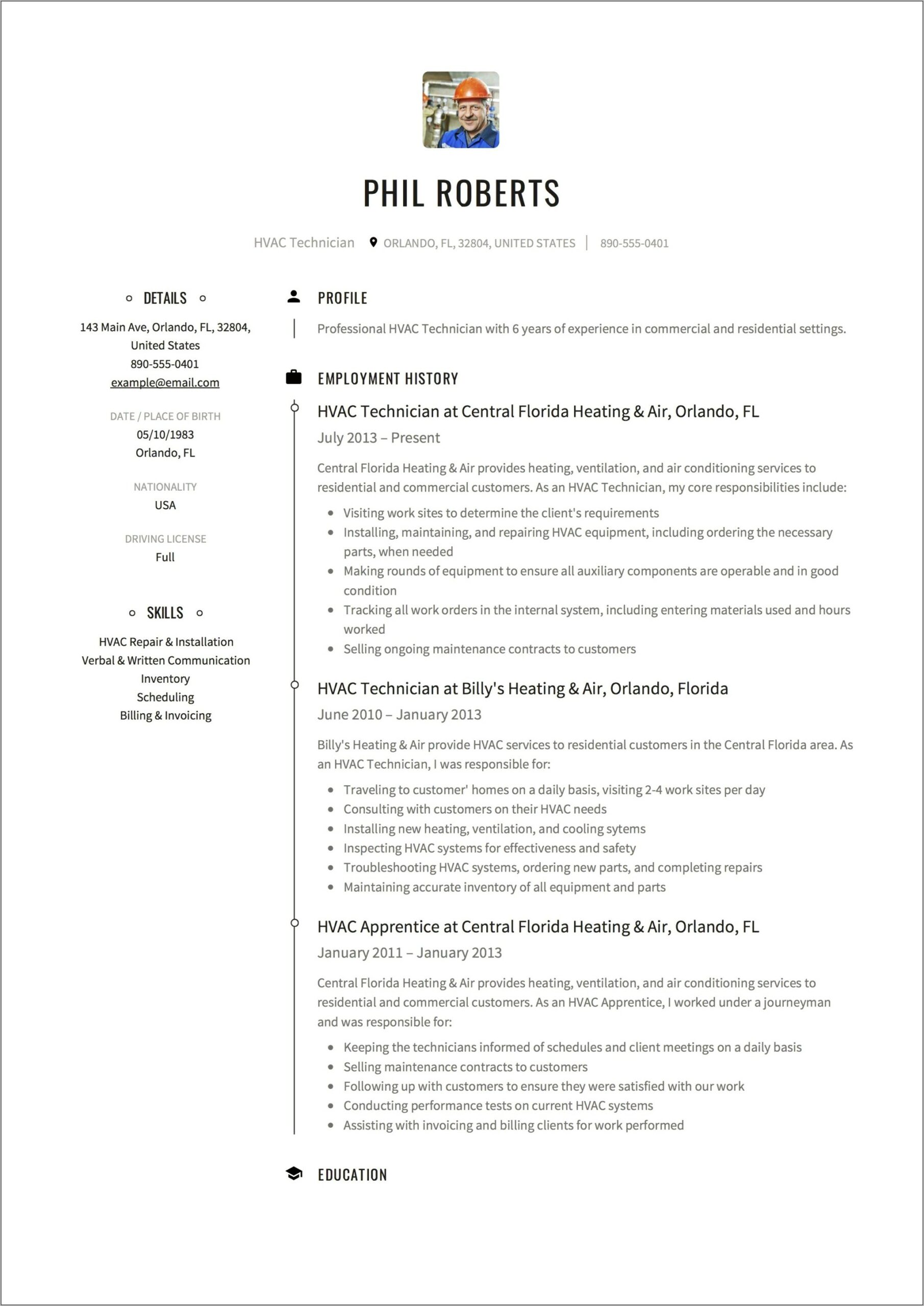 Hvac Mechanic Job Description Resume