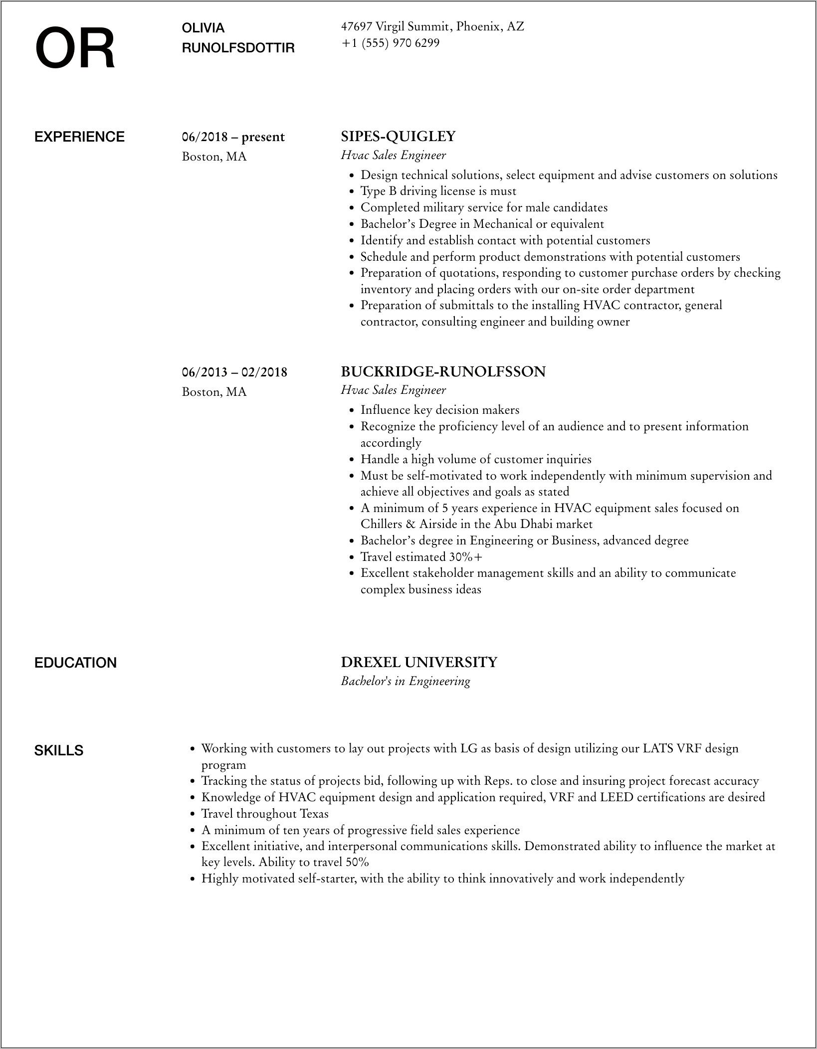 Hvac Sales Job Resume Sample