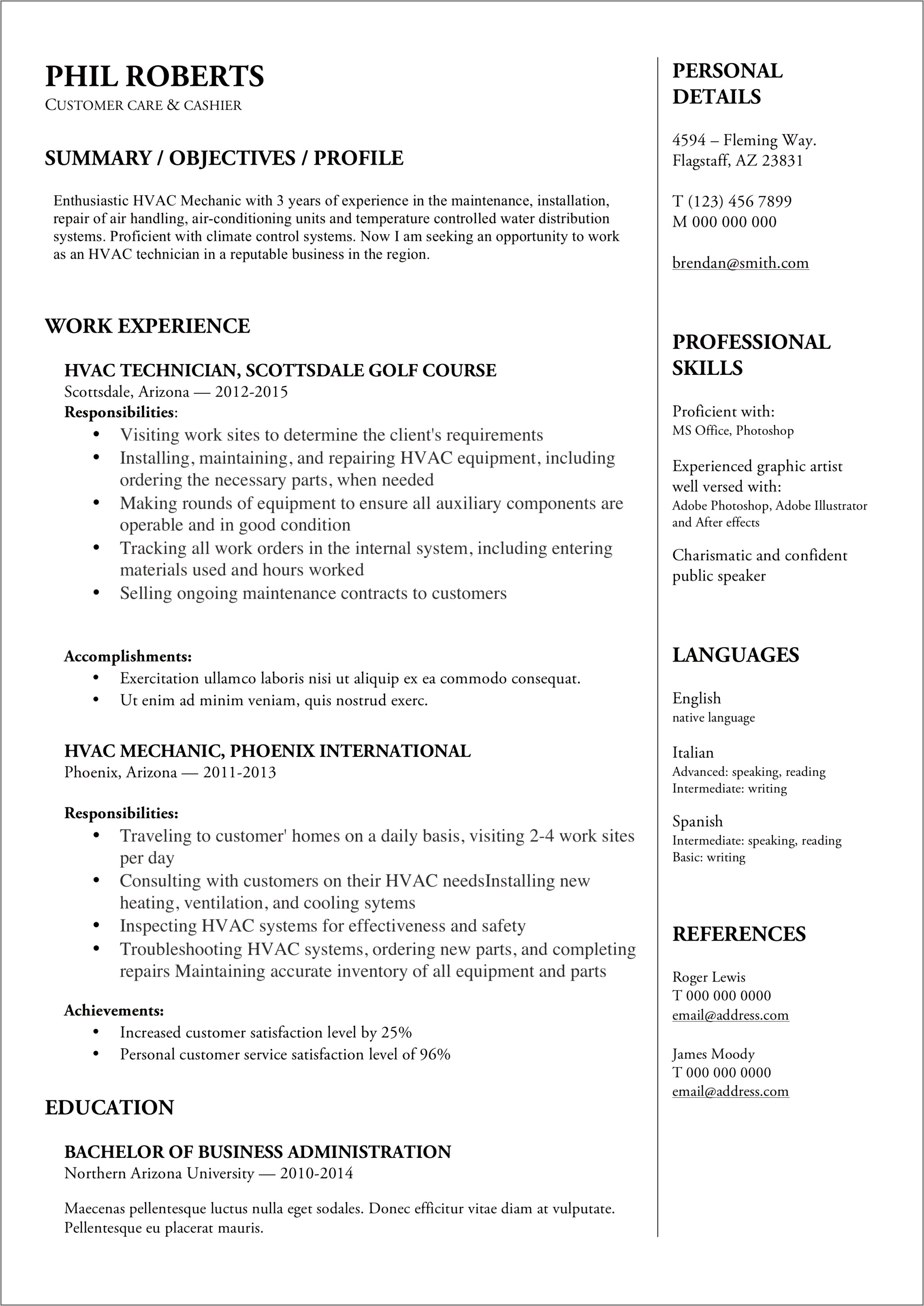 Hvac Service Technician Resume Objective