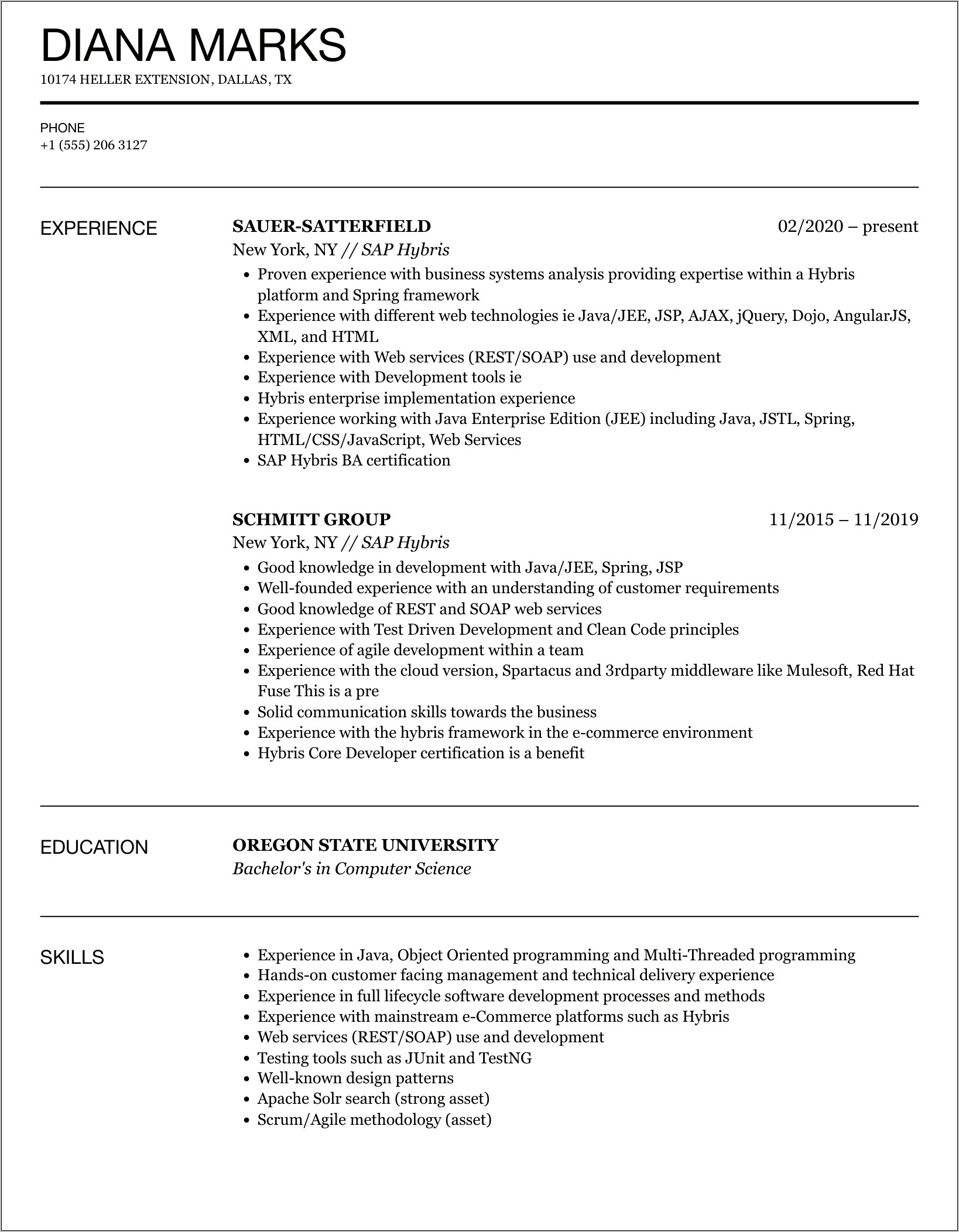 Hybris Business Analyst Resume Sample