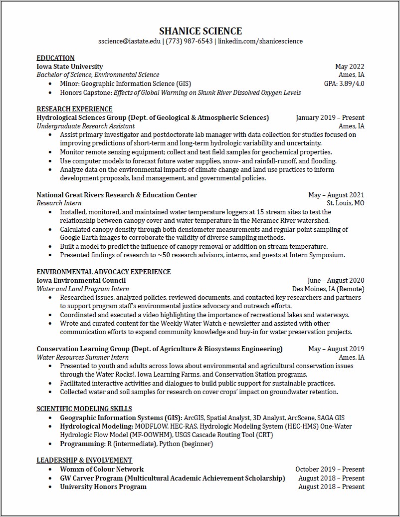 Idaho State University Resume Example