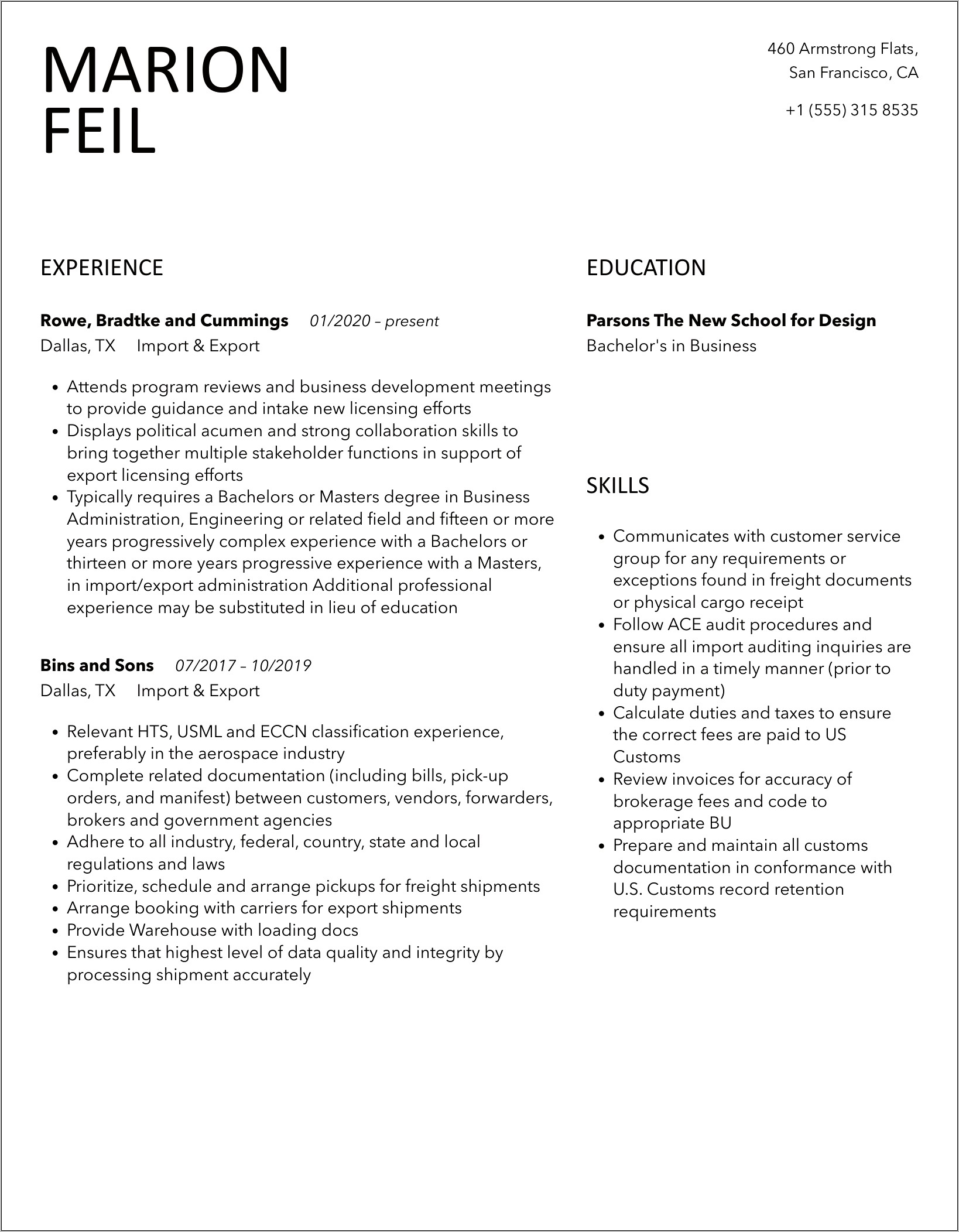 Import Export Clerk Resume Sample