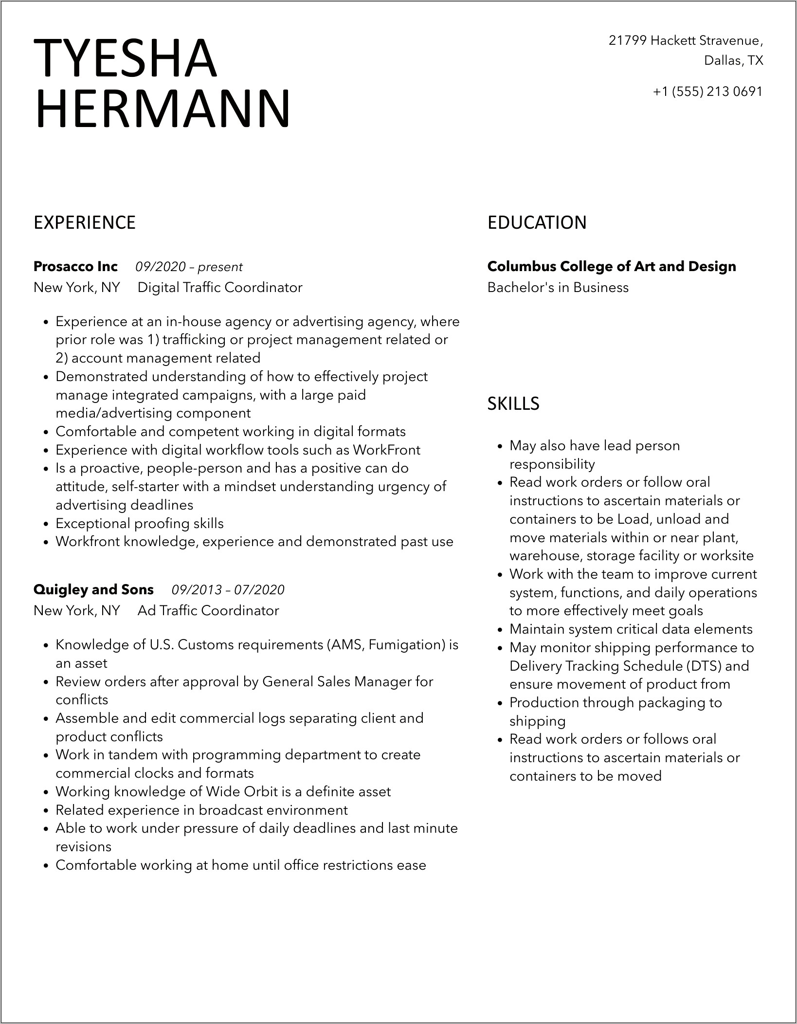 Import Traffic Coordinator Resume Example