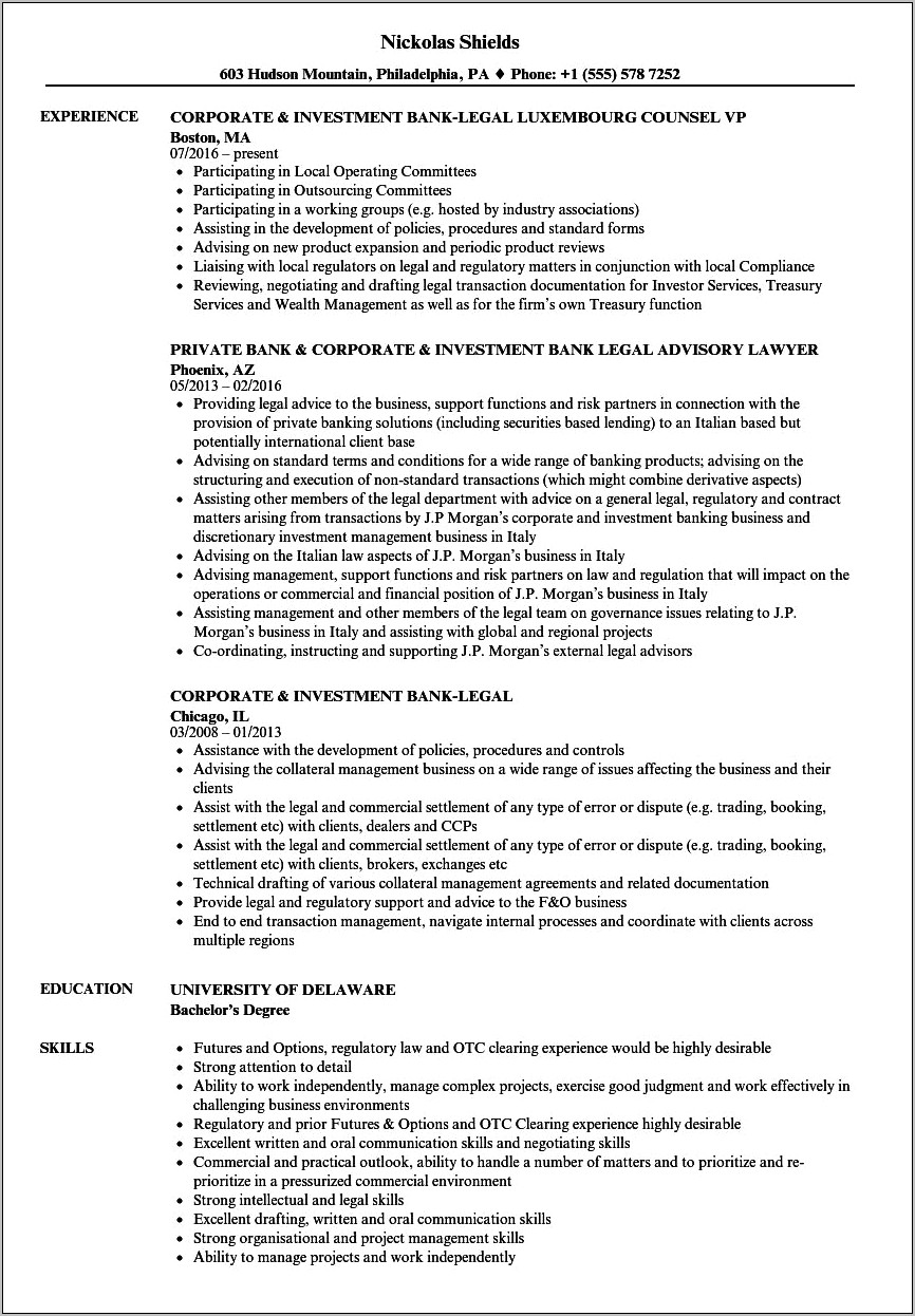 In House Counsel Resume Examples