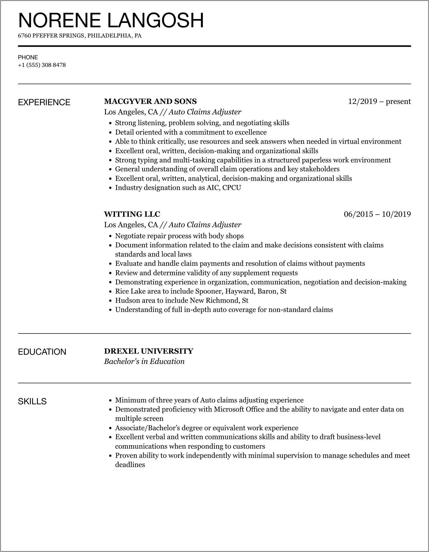 Independent Insurance Adjuster Resume Example