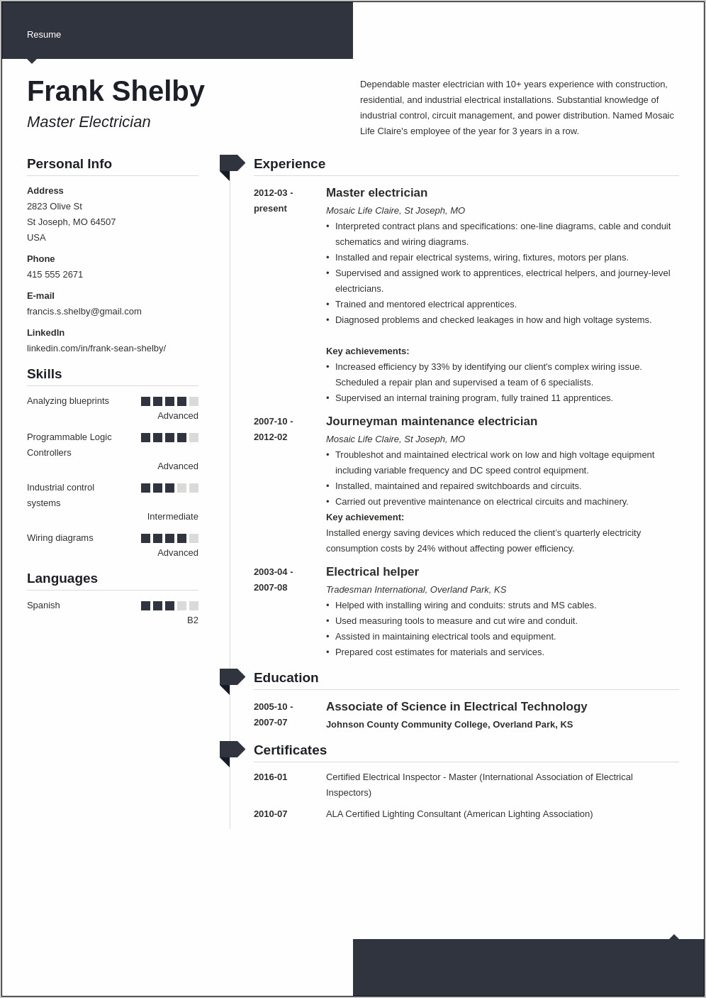 Industrial Electrician Resume Example Canada