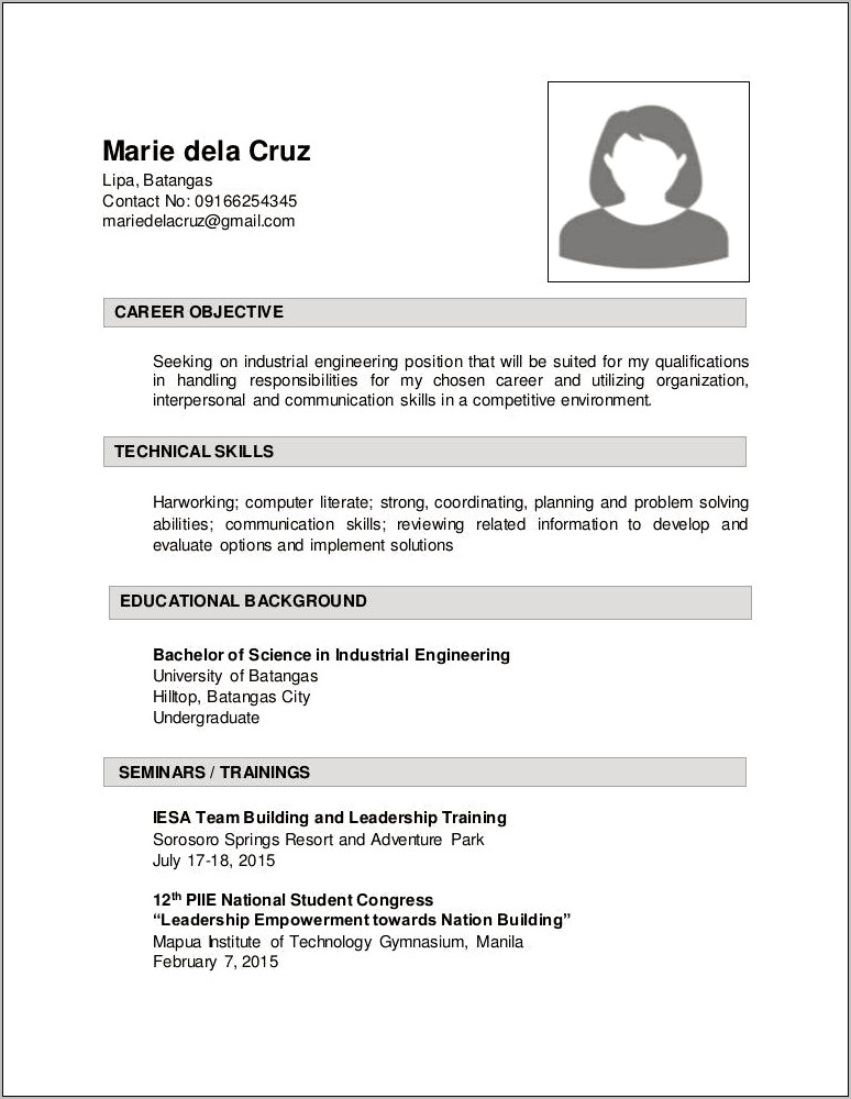 Industrial Engineering Objectives Resume Student