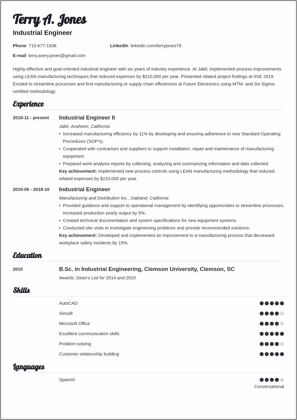 Industrial Engineering Technician Resume Sample