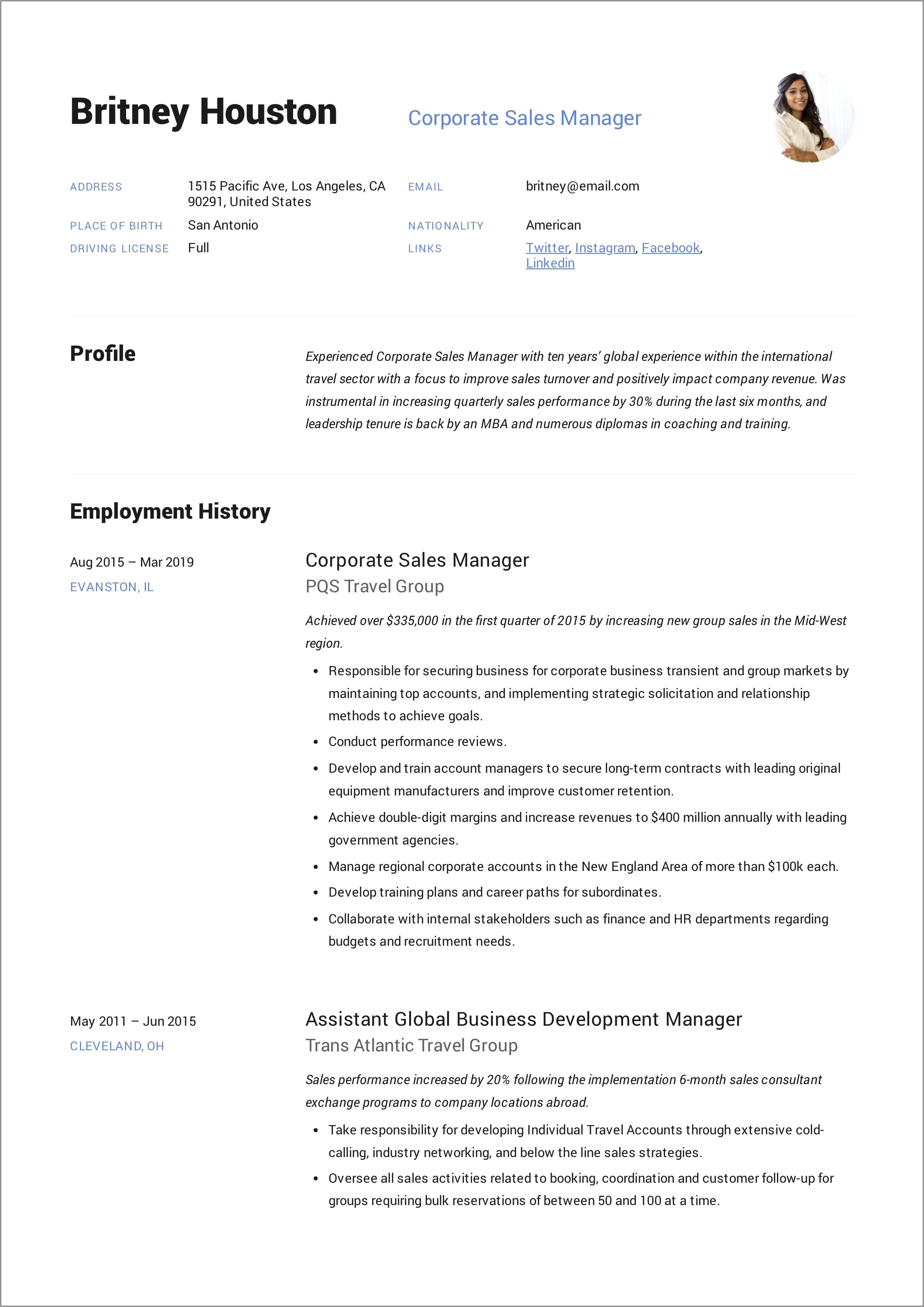 Industrial Sales Manager Resume Sample