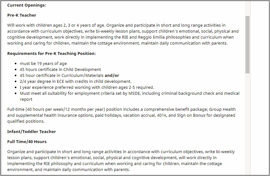 Infant Teacher Job Description Resume