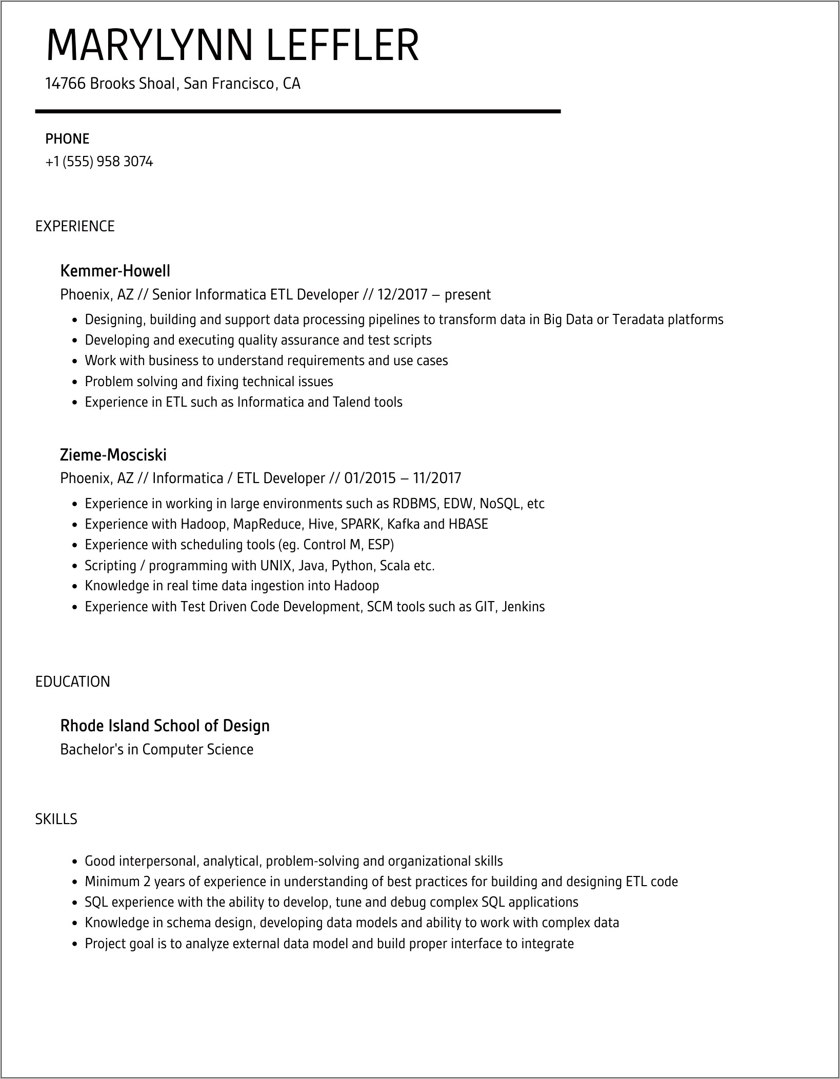 Informatica Etl Hadoop Resume Samples