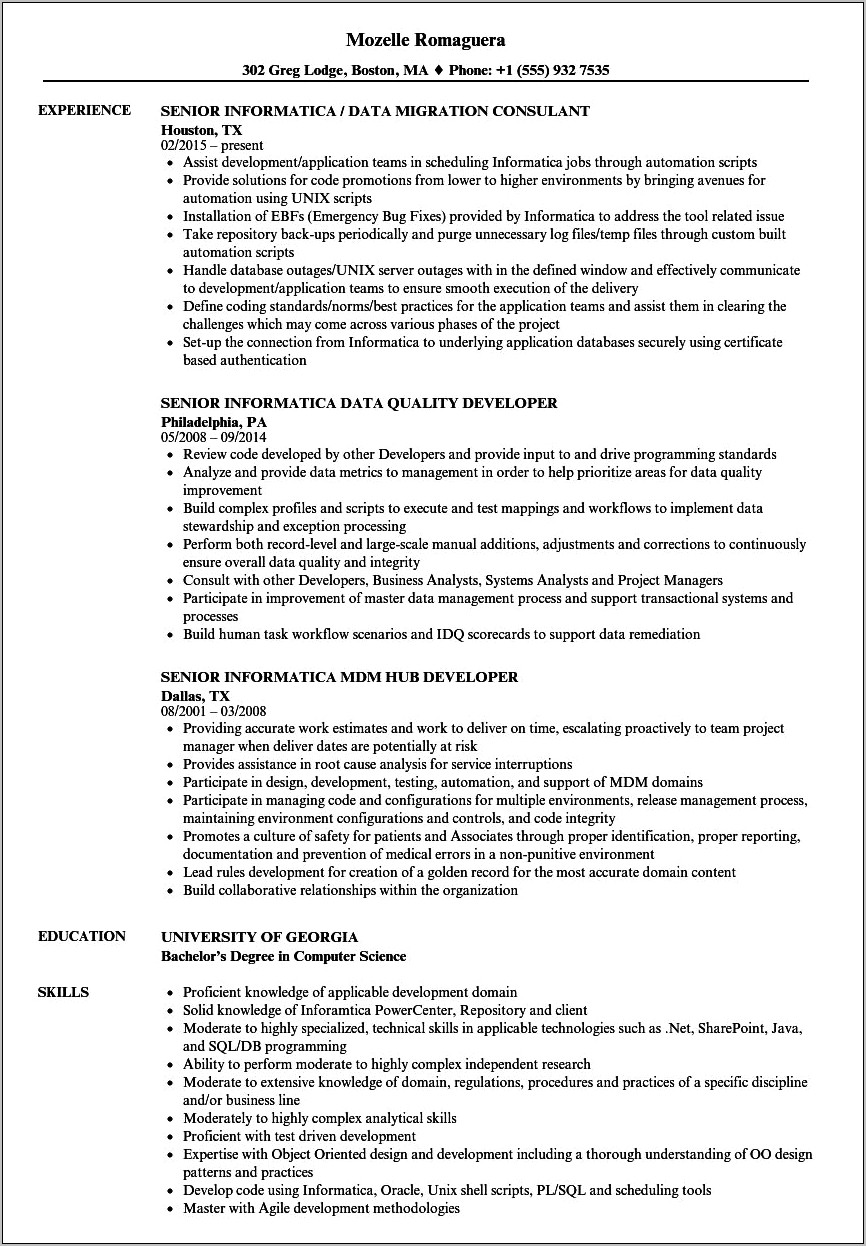 Informatica Teradata Developer Resume Sample