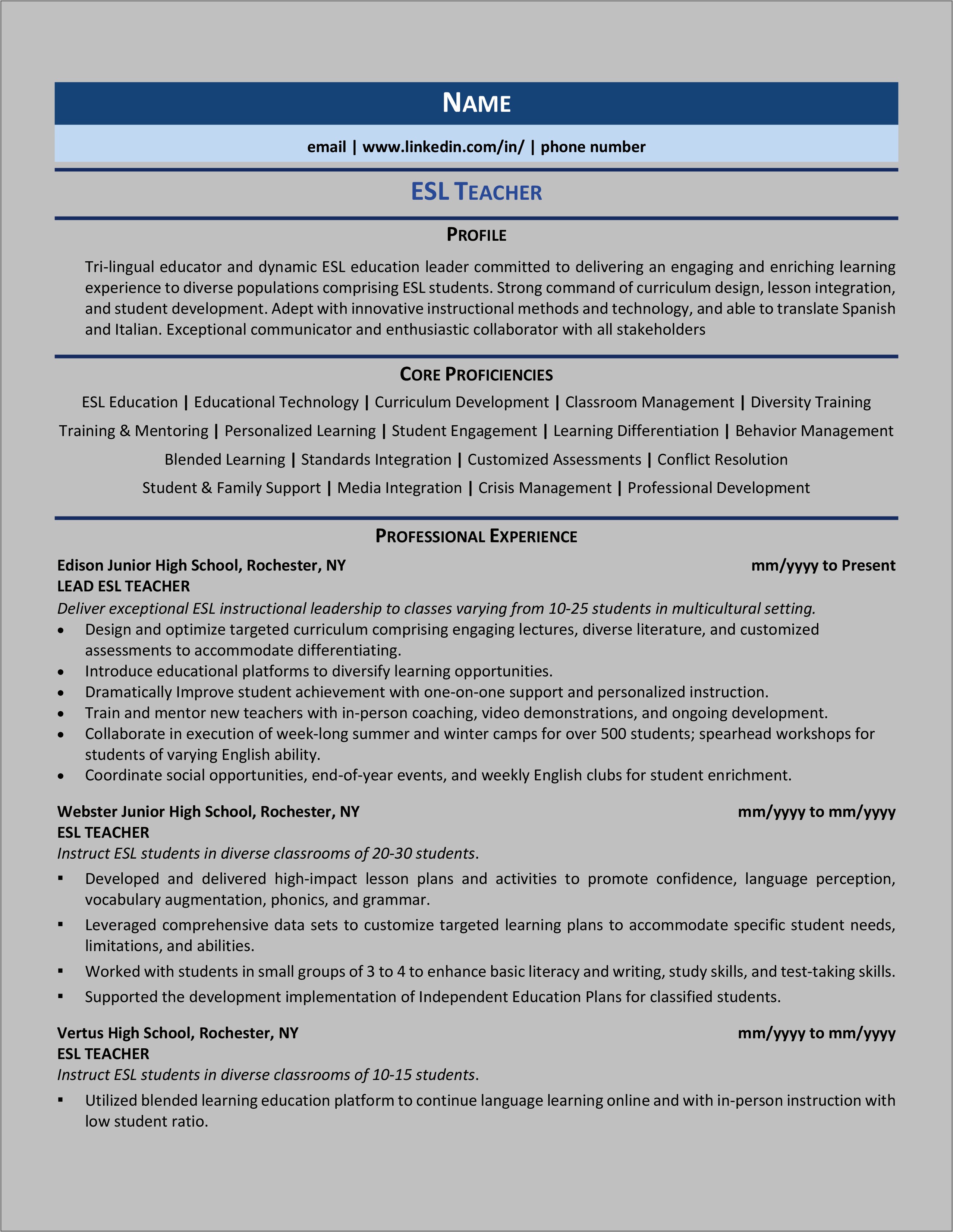 Information Technology Teacher Resume Sample