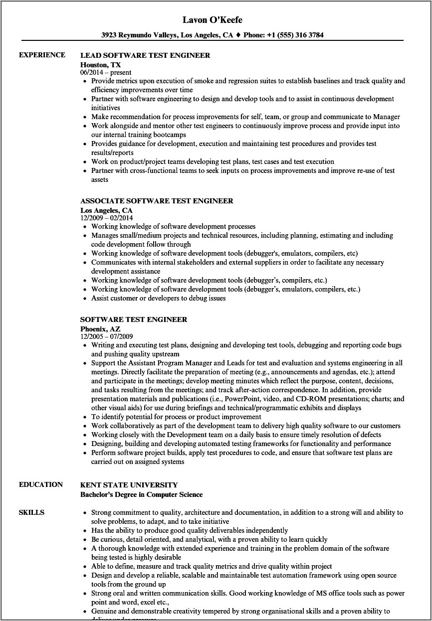 Infotainment Test Engineer Sample Resume