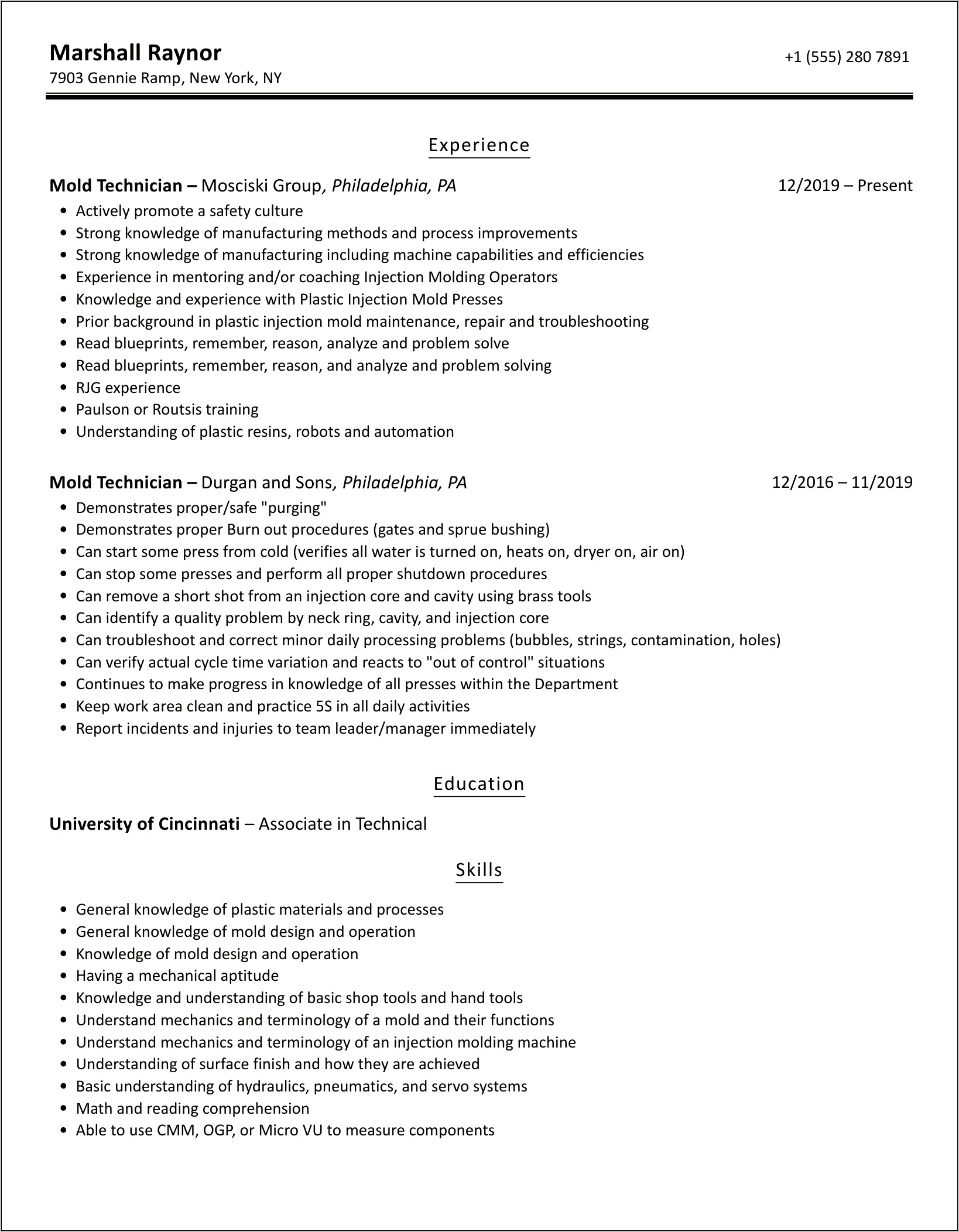 Injection Molding Maintenance Resume Sample