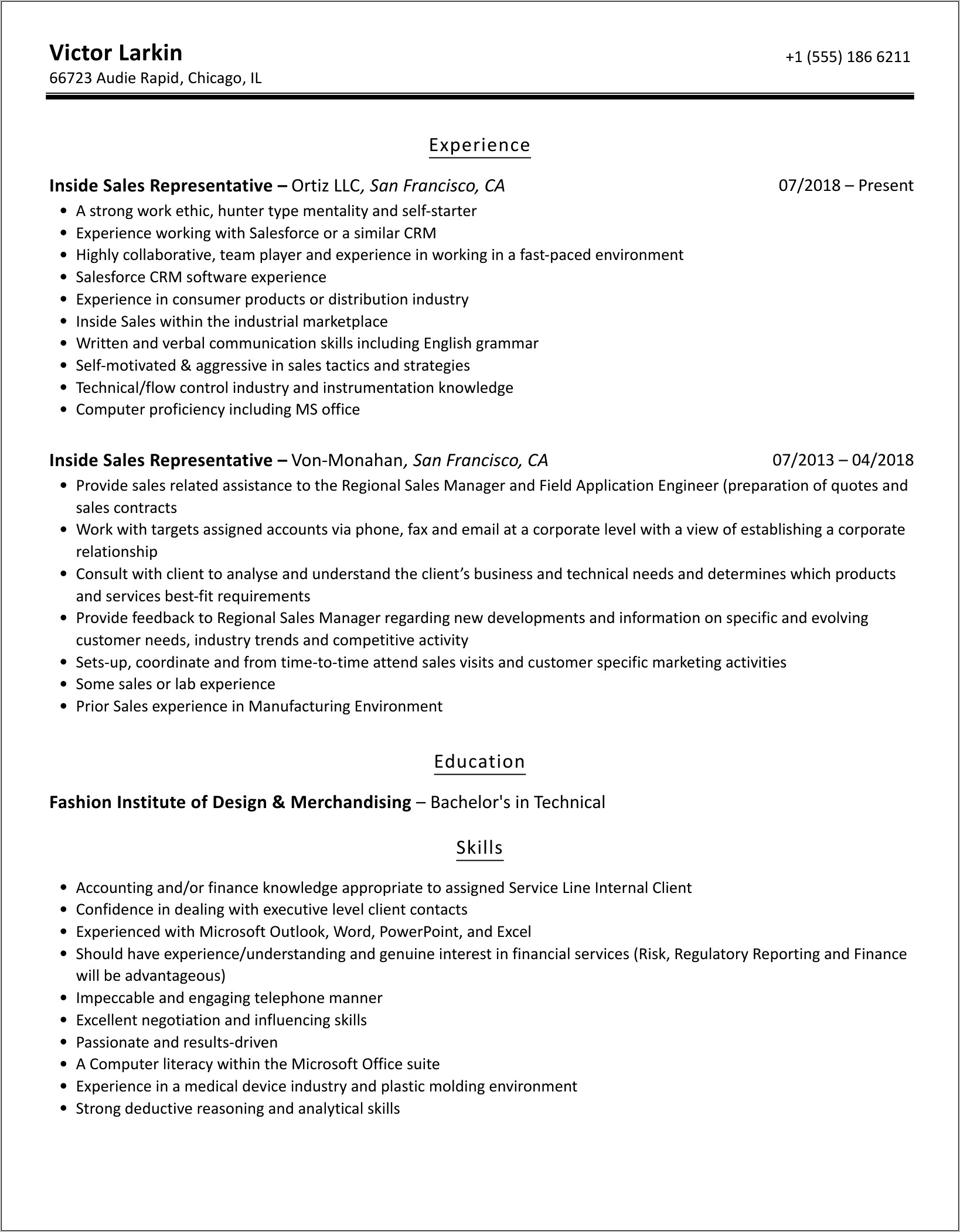 Inside Sales Associate Skills Resume