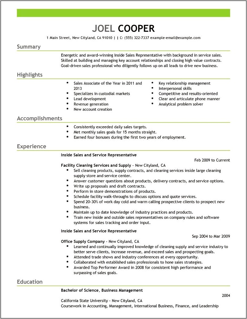 Inside Sales Executive Resume Sample