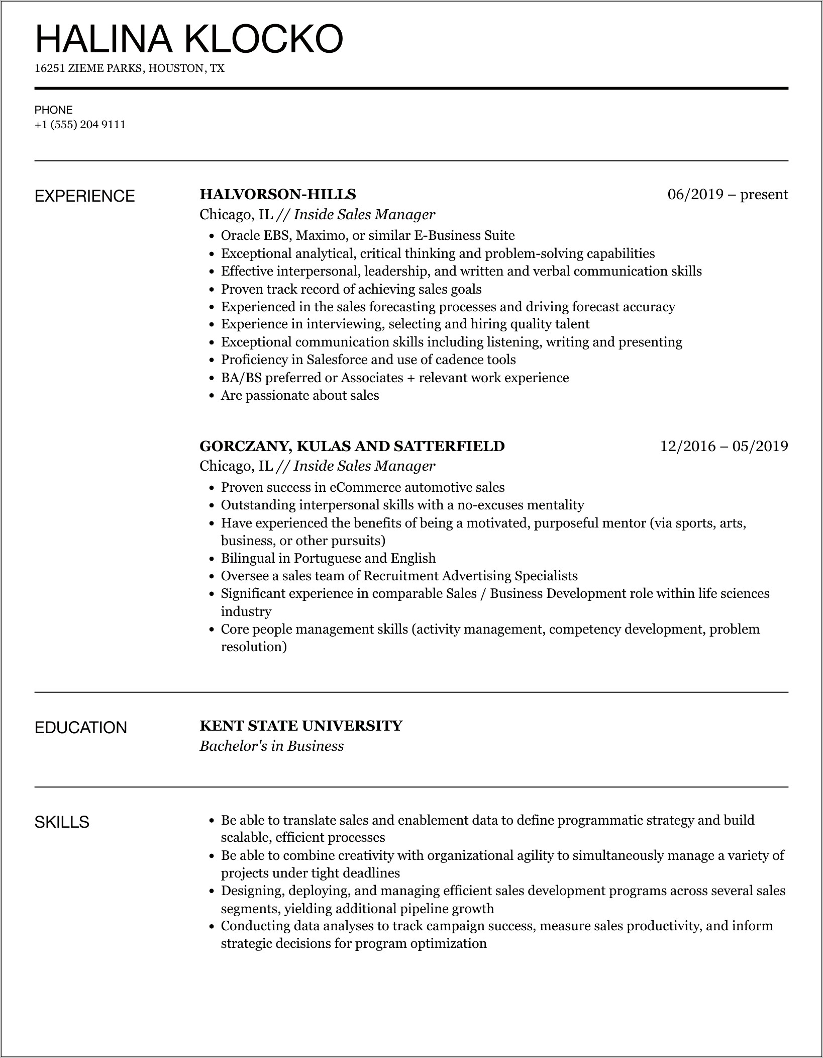 Inside Sales Manager Resume Samples