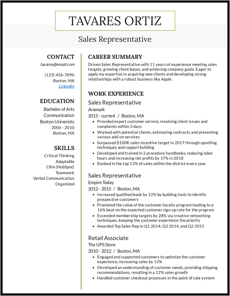 Inside Sales Rep Resume Objective