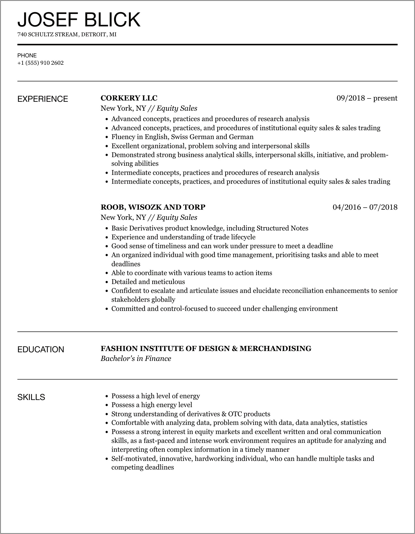 Institutional Equity Sales Resume Sample