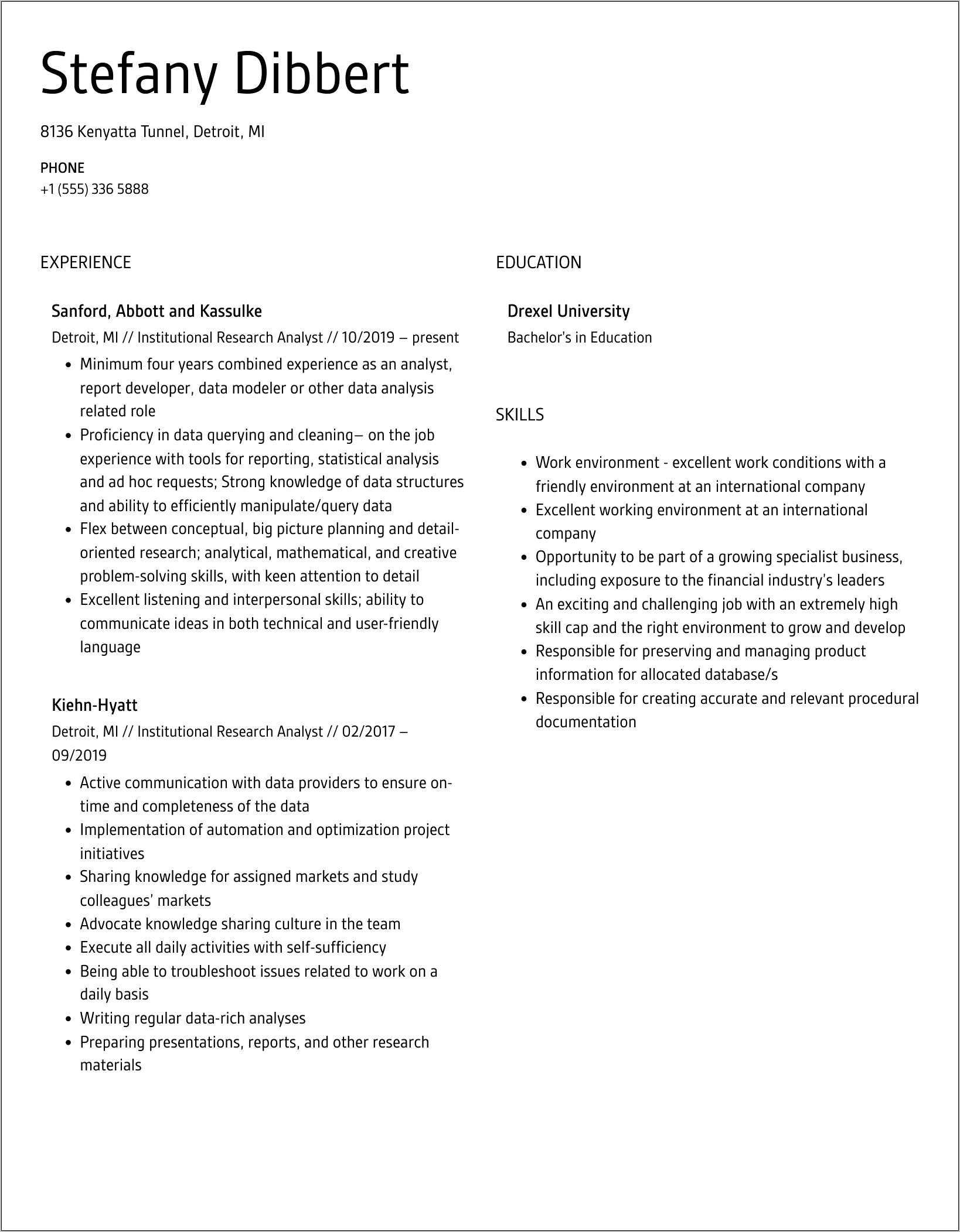 Institutional Research Analyst Sample Resume