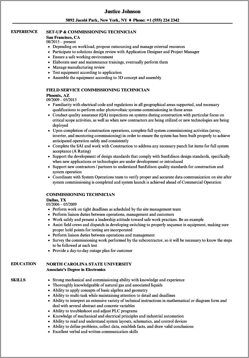 Instrument Commissioning Technician Resume Sample