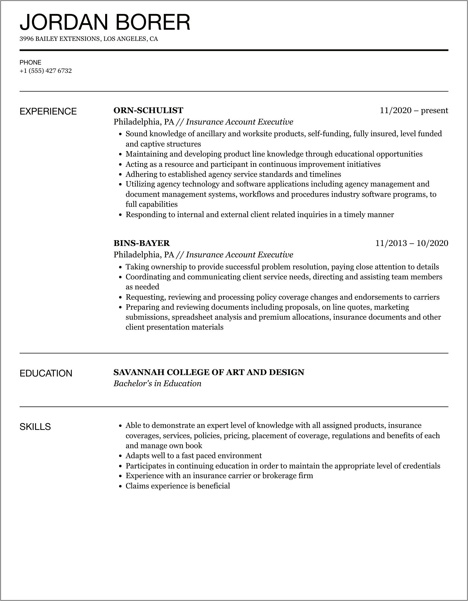 Insurance Account Manager Resume Sample