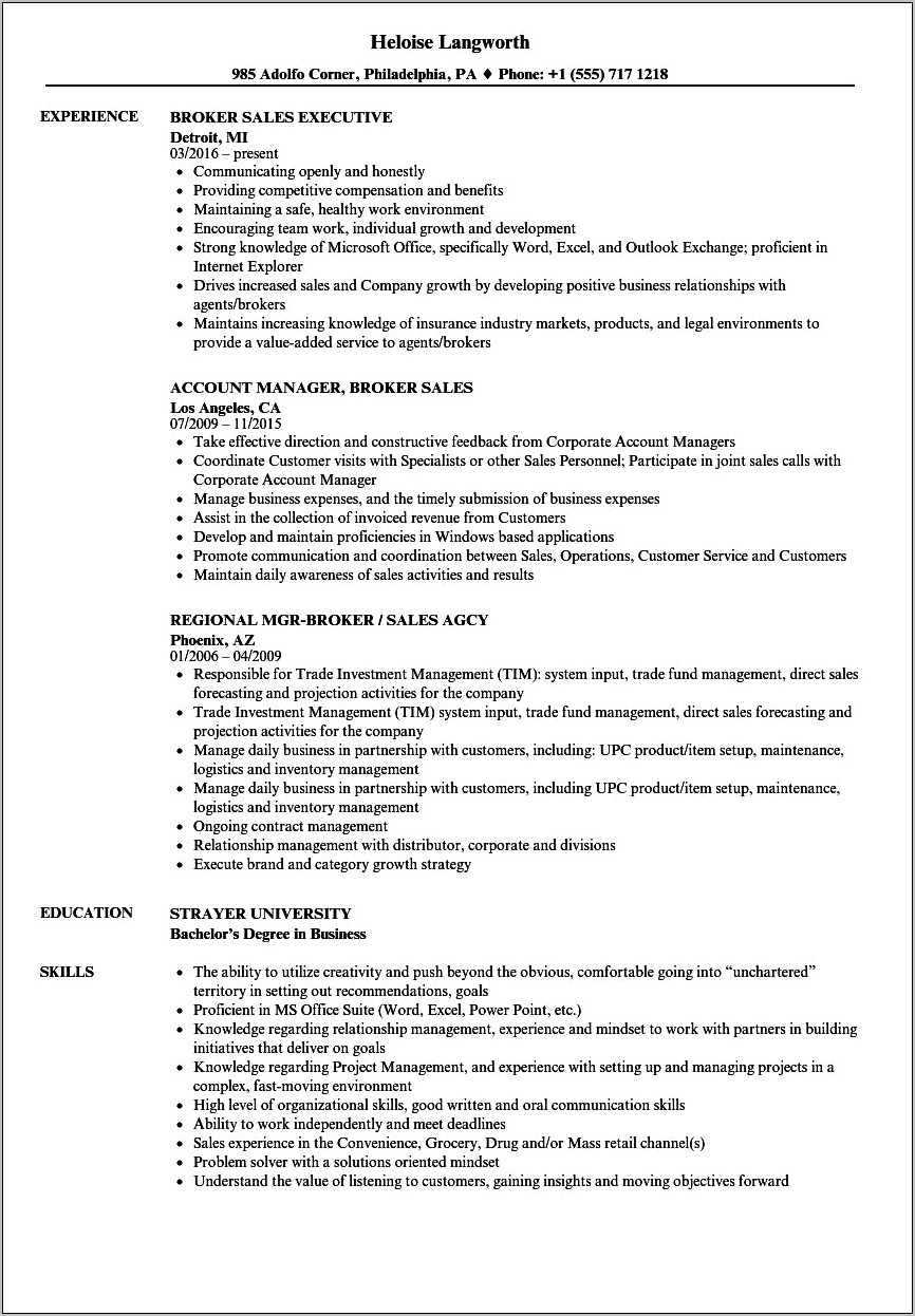 Insurance Brokerage Associate Resume Sample