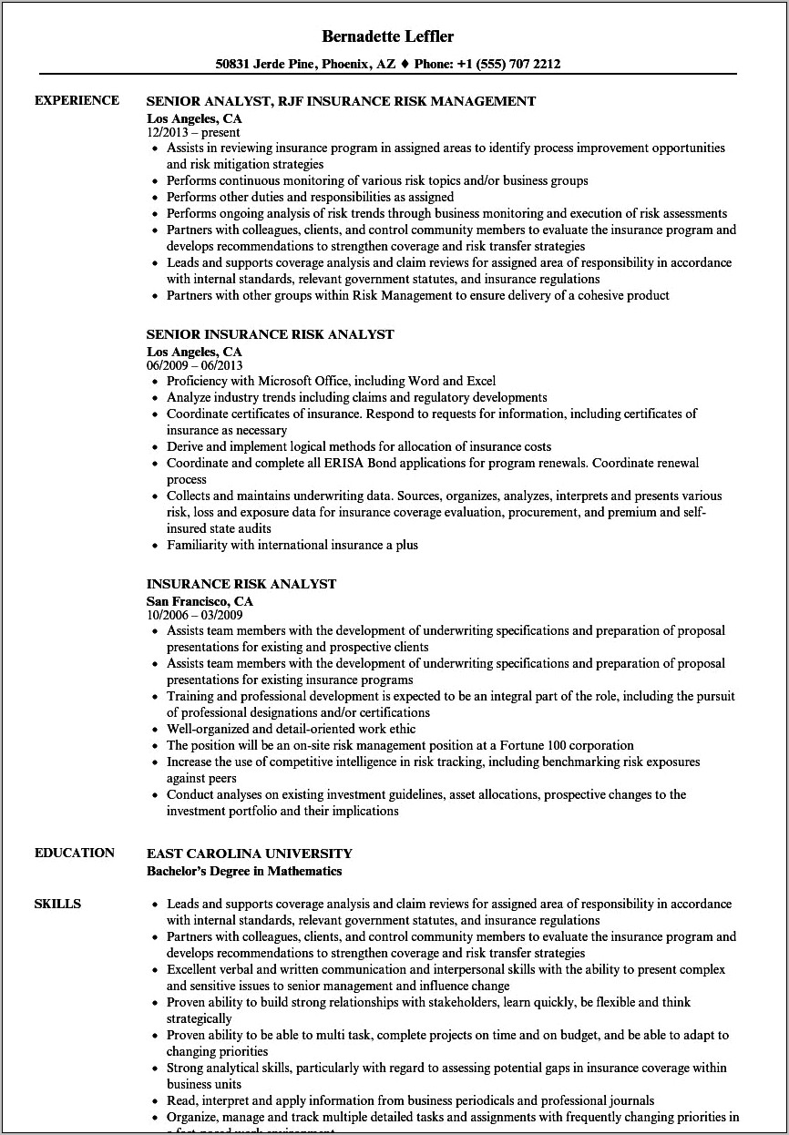 Insurance Business Analyst Resume Sample