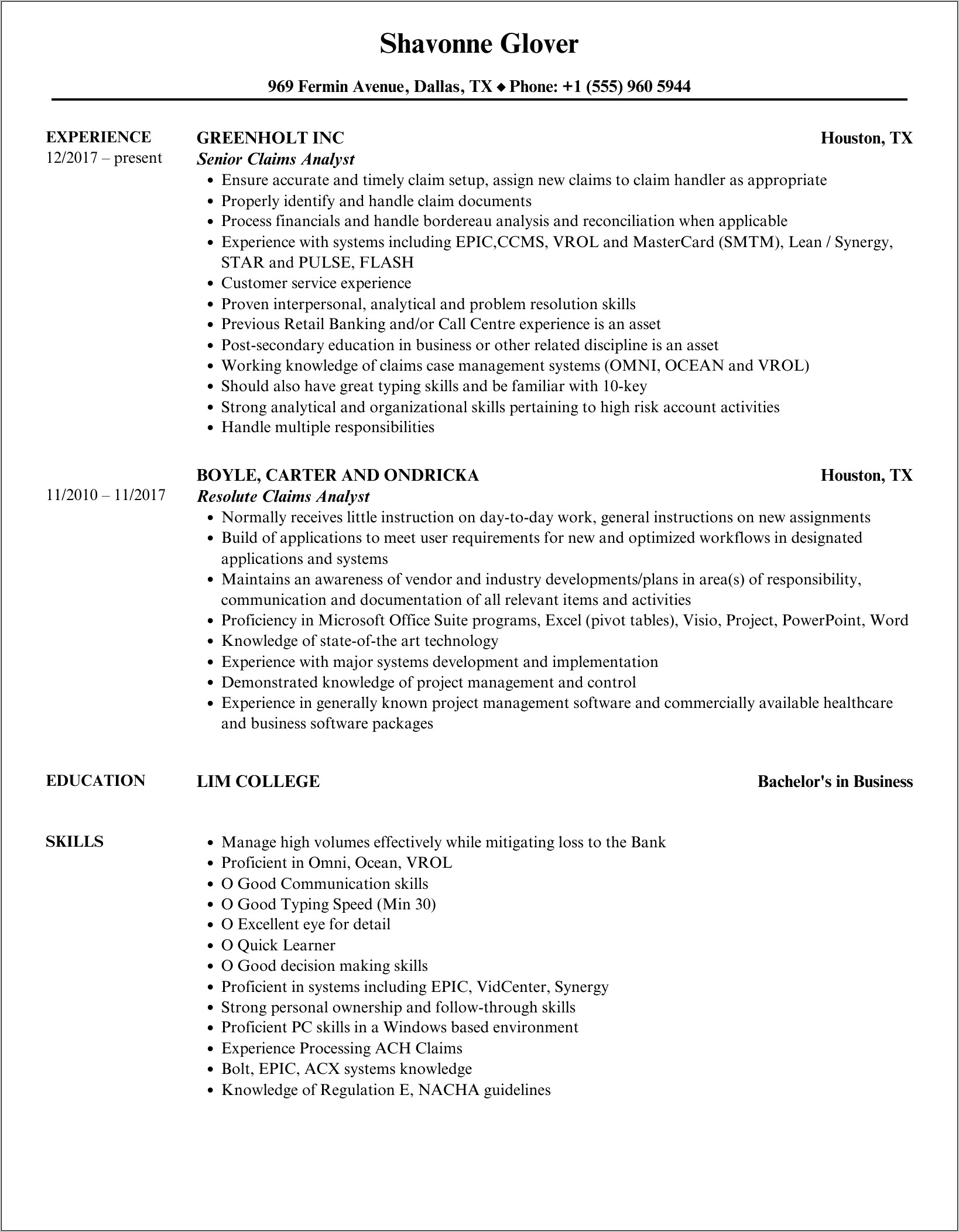 Insurance Claims Analyst Resume Objective