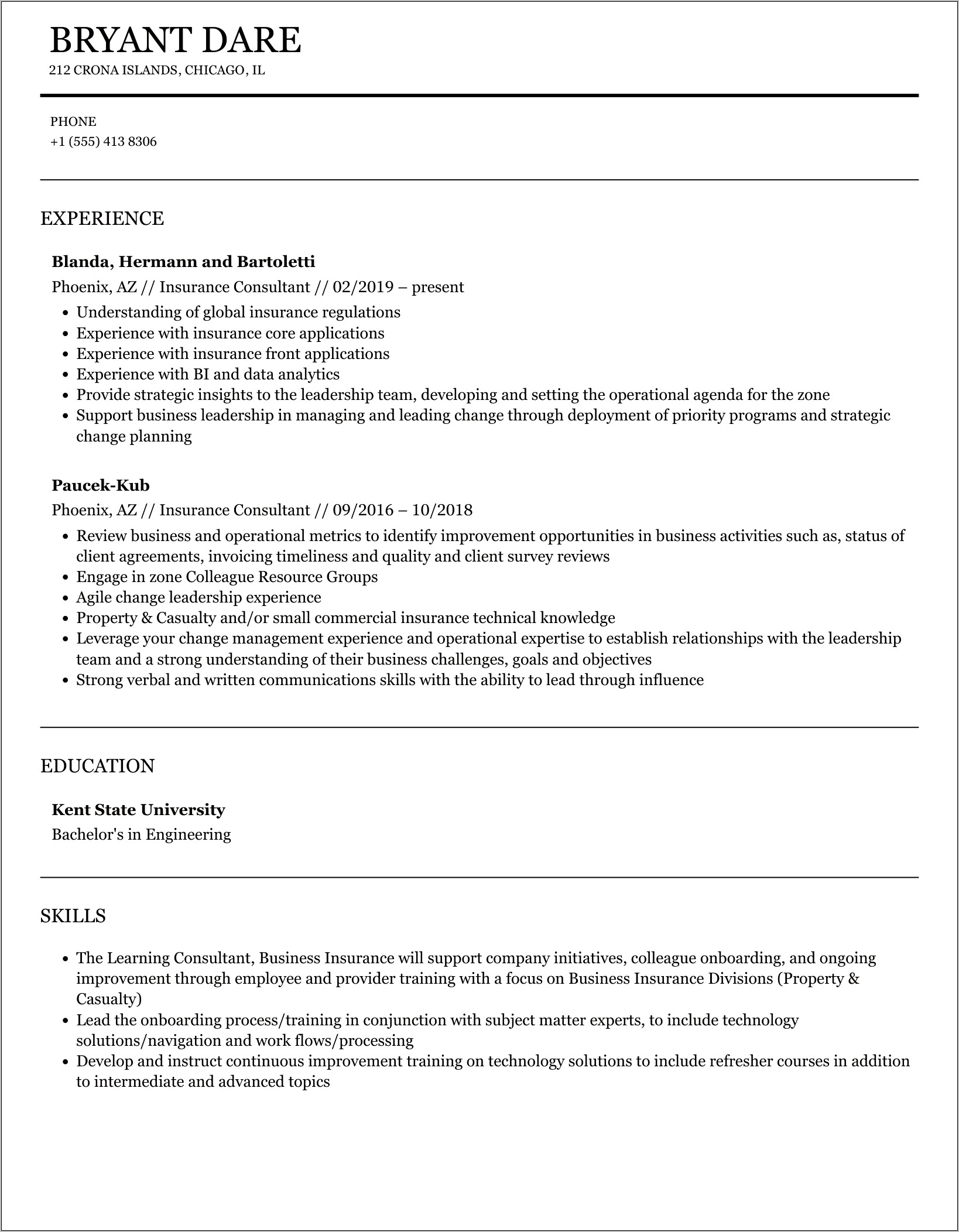 Insurance Claims Consultant Resume Sample