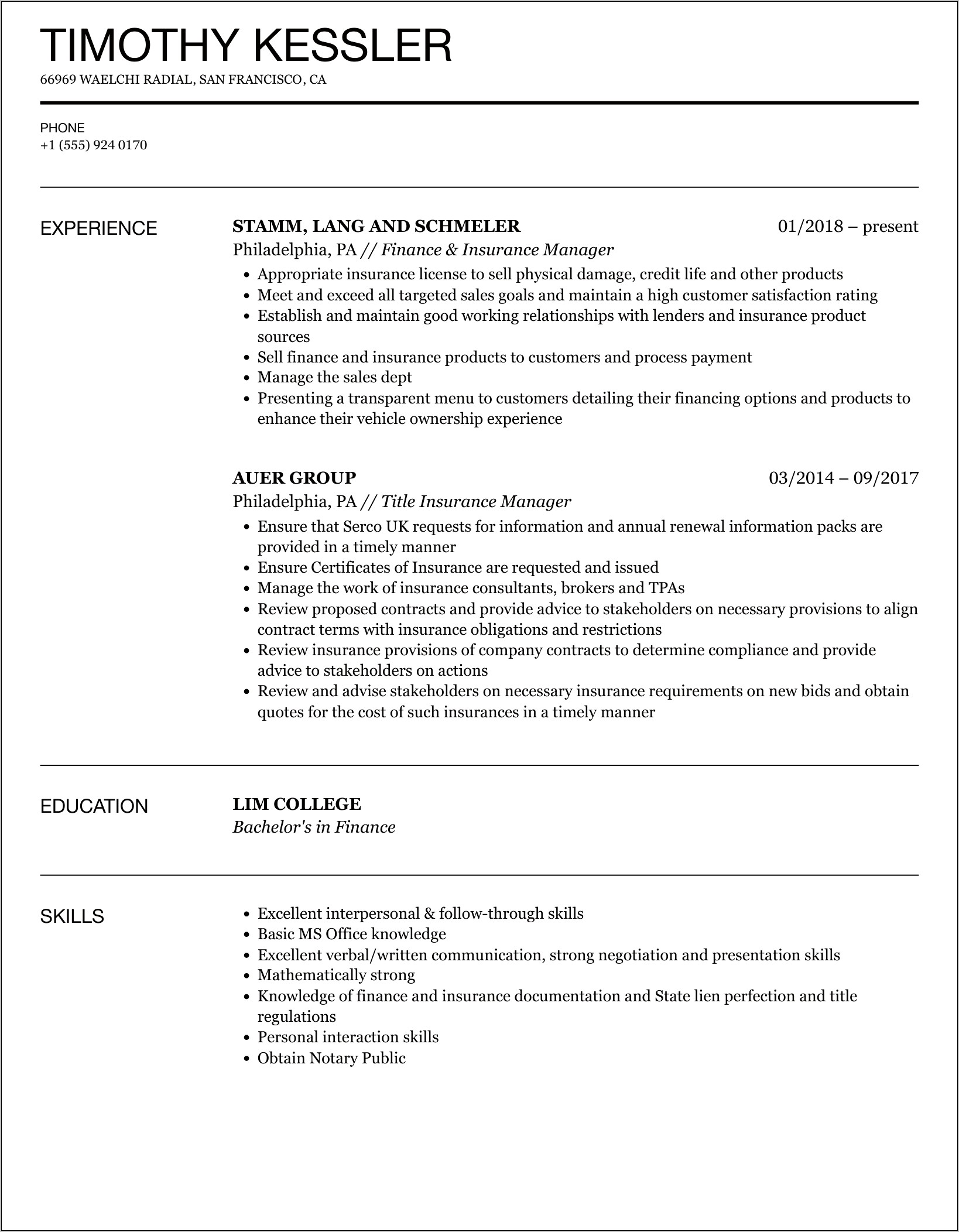 Insurance Claims Manager Resume Sample