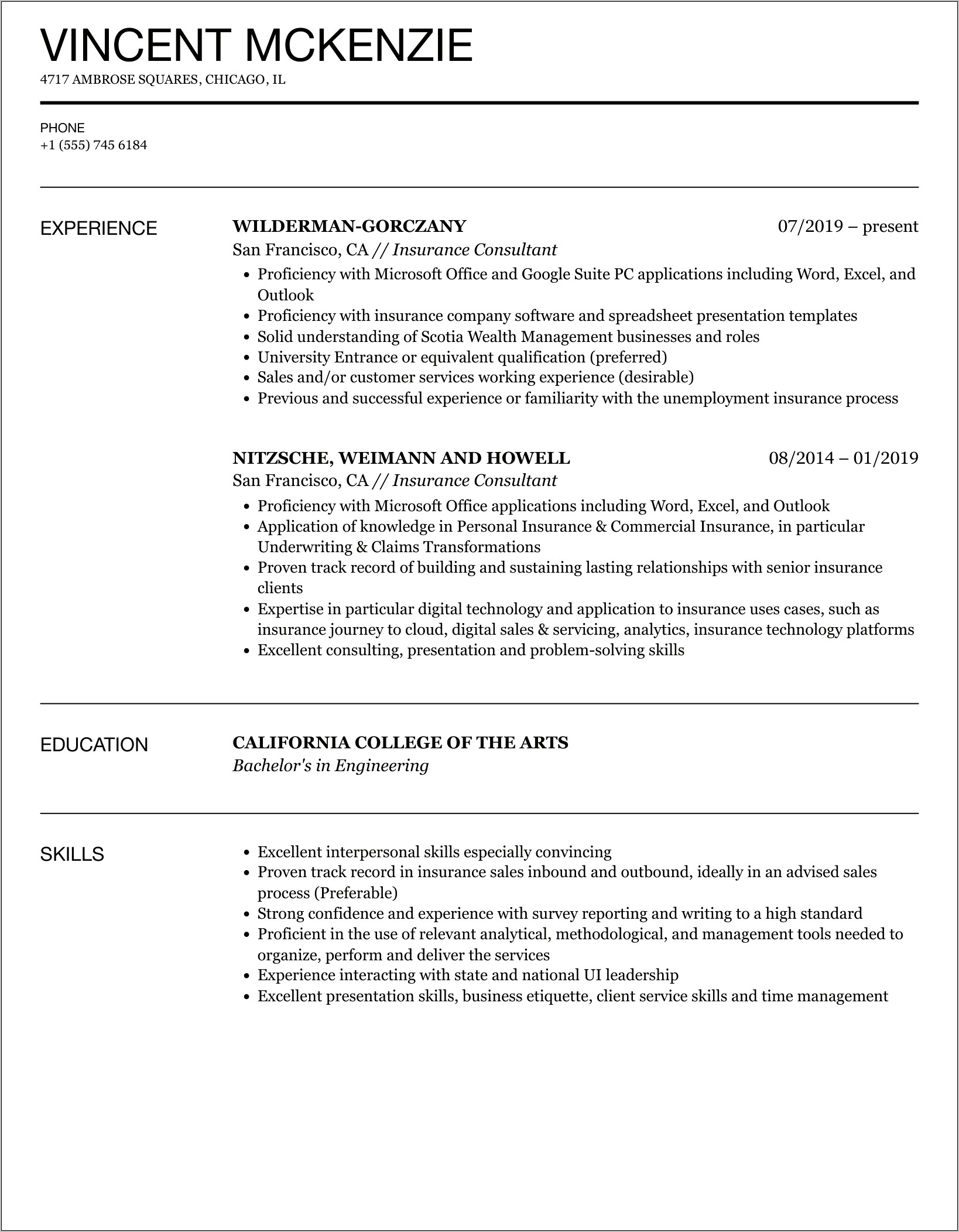 Insurance Sales Consultant Resume Sample