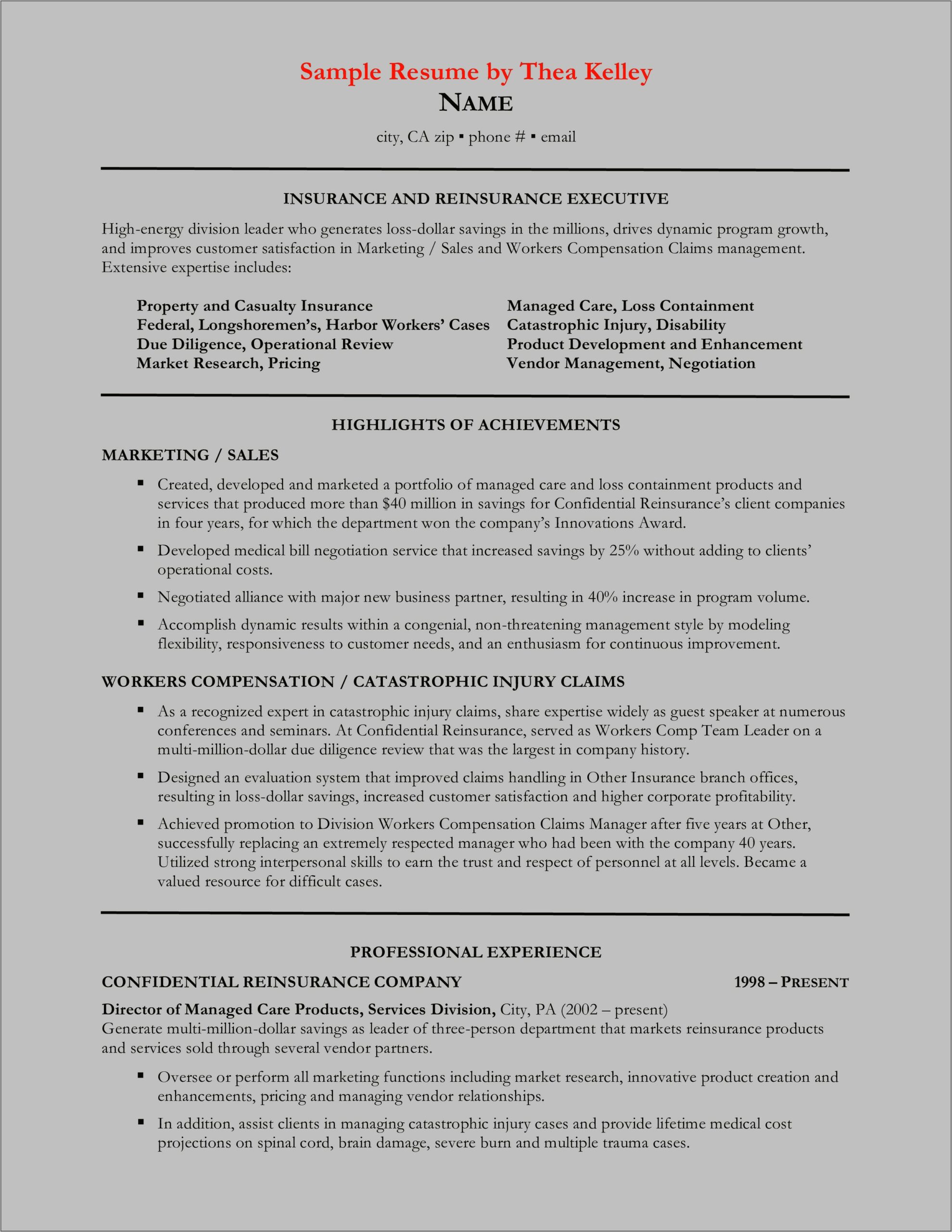 Insurance Sales Manager Resume Example