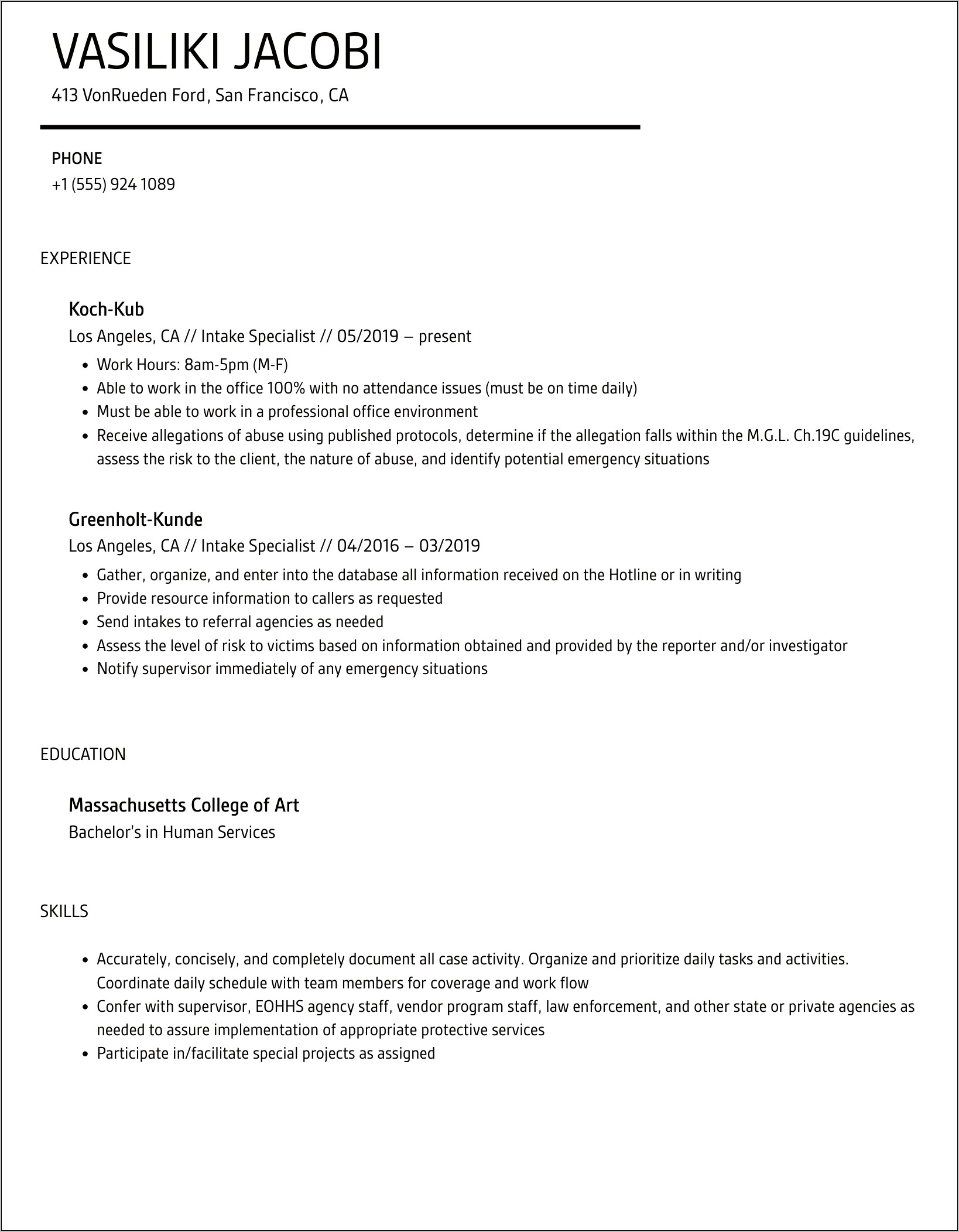 Intake Specialist Job Description Resume