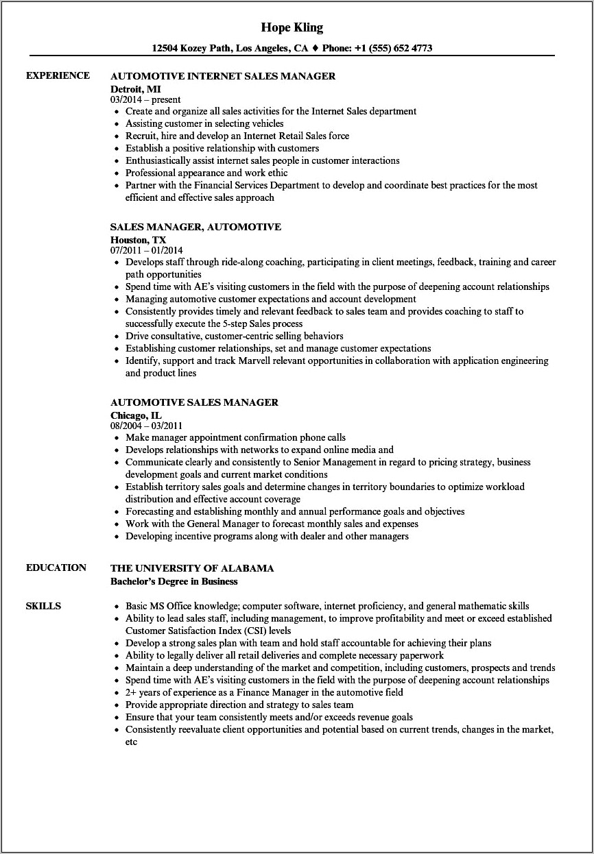 Internet Car Sales Manager Resume