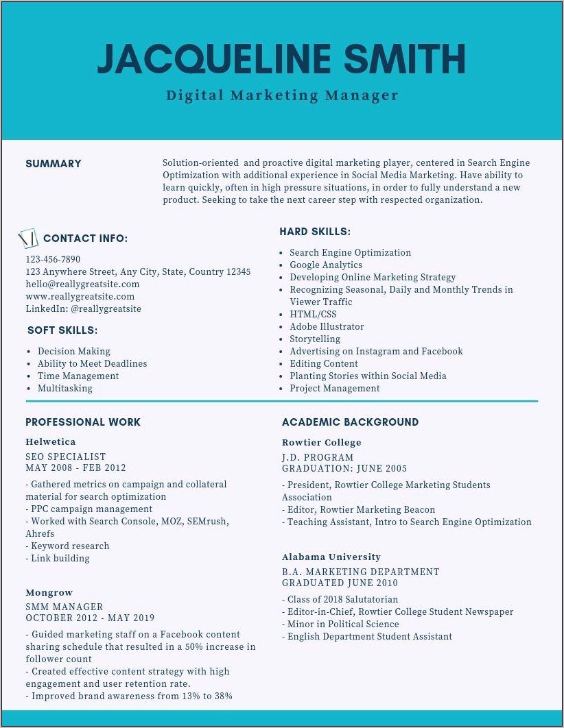 Internet Marketing Manager Resume Example