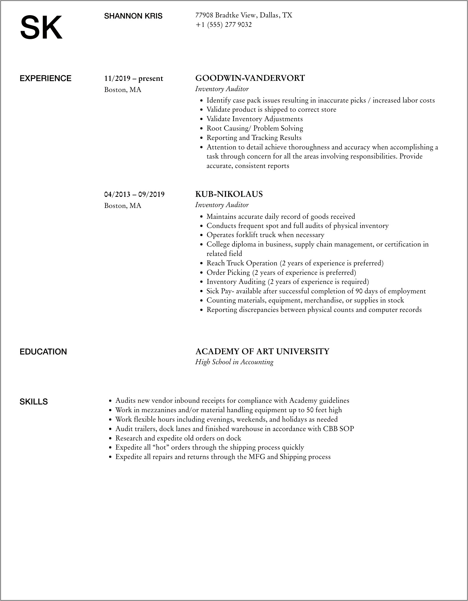 Inventory Auditor Job Description Resume