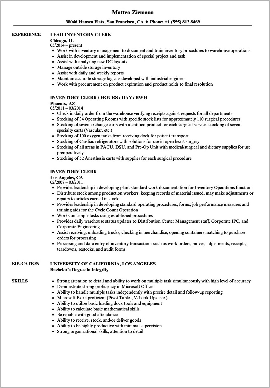 Inventory Clerk Job Description Resume