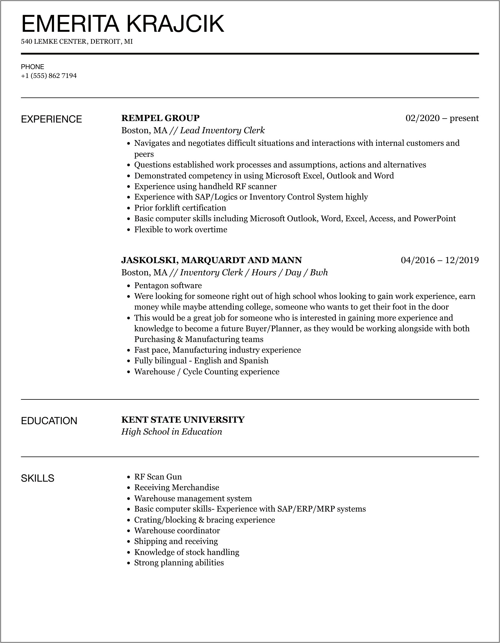 Inventory Clerk Job Resume Objective