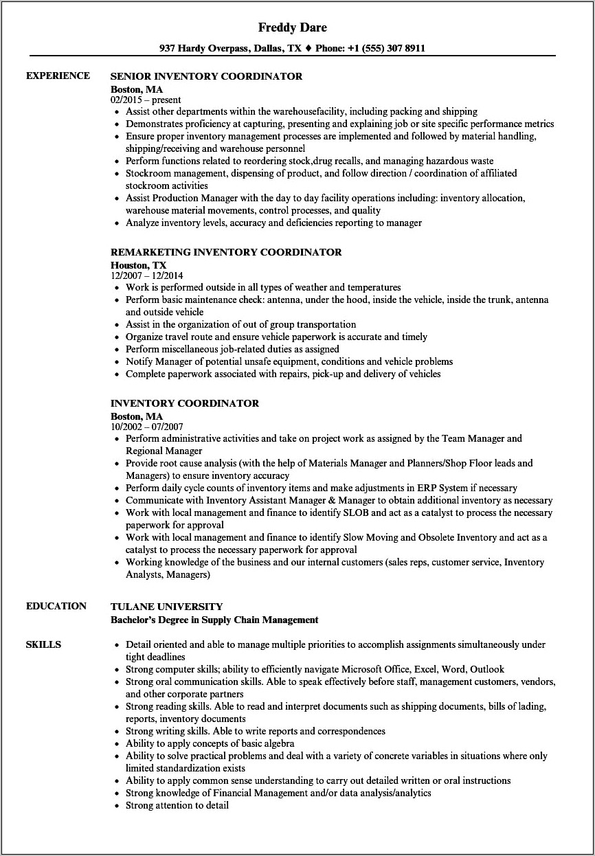 Inventory Control Coordinator Resume Sample