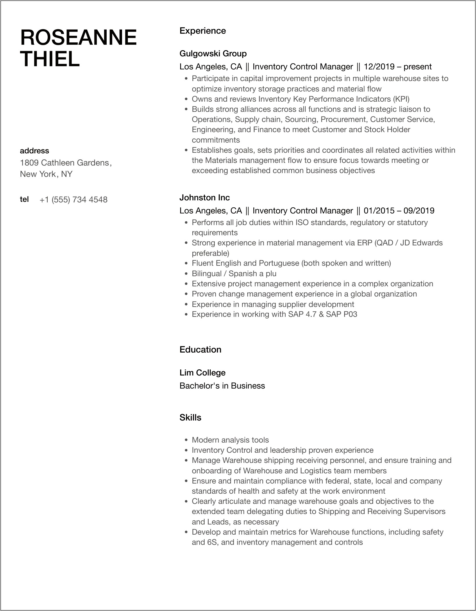 Inventory Control Manager Resume Sample