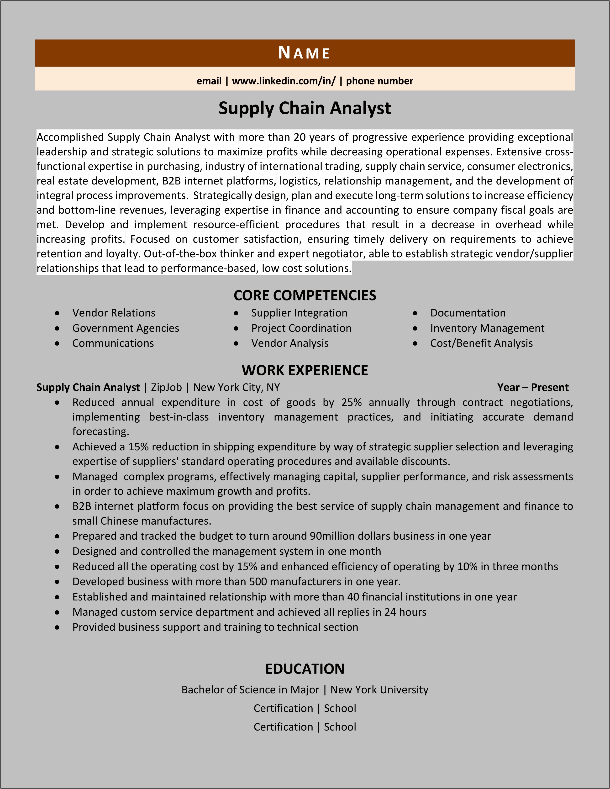 Inventory Logistics Analyst Sample Resume