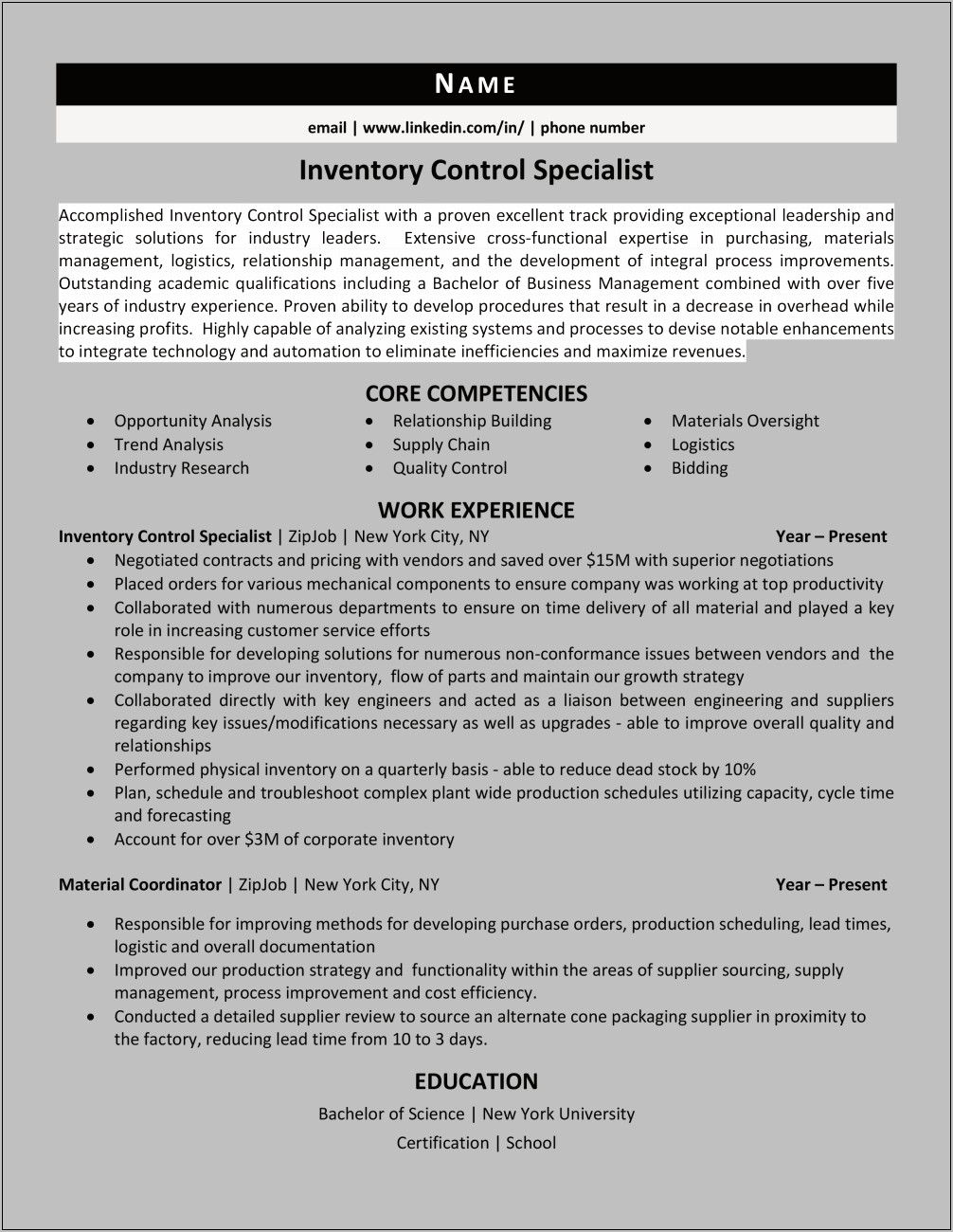 Inventory Specialist Job Description Resume