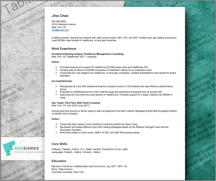 Investment Banking Analyst Resume Sample