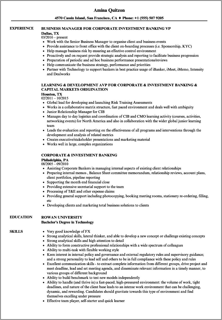 Investment Banking Resume Objective Examples