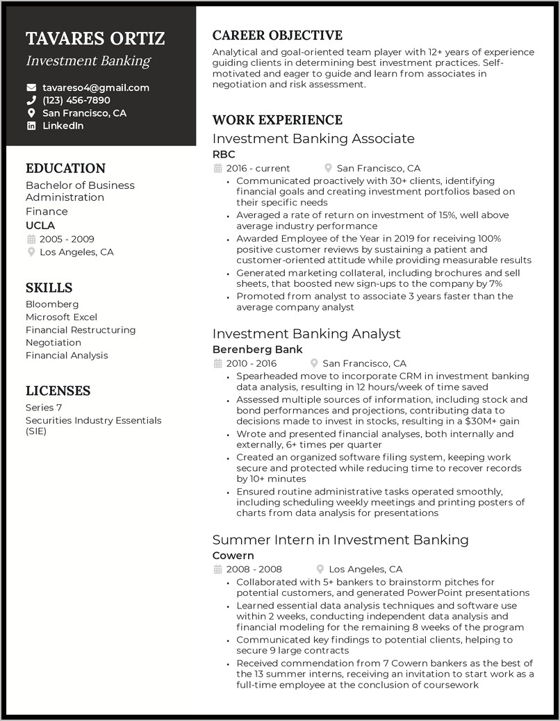 Investment Banking Resume Objective Statement