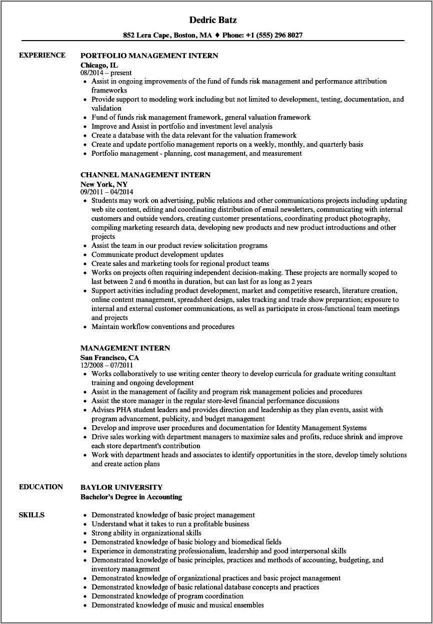 Investment Management Company Internship Resume