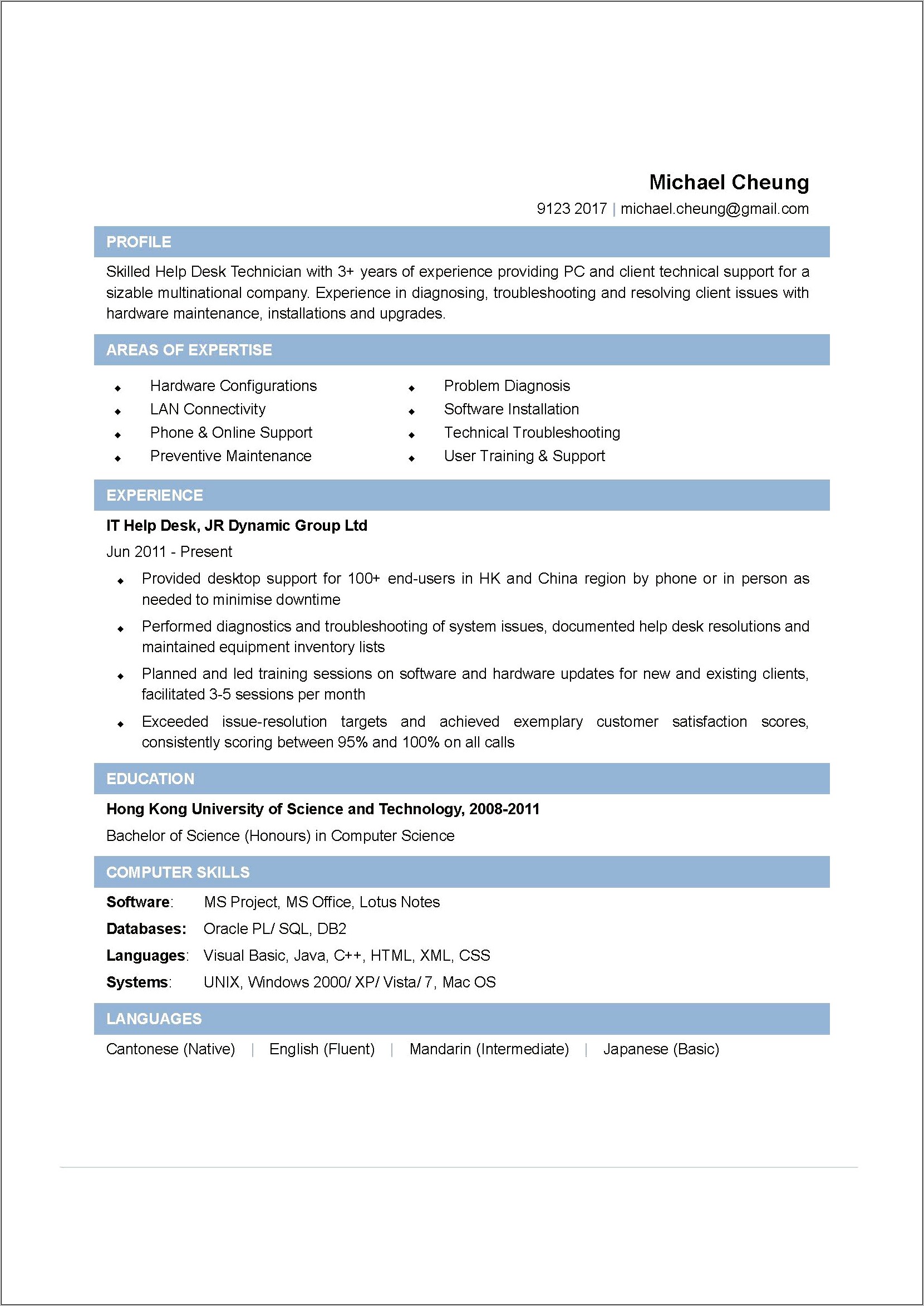 It Help Desk Resume Sample